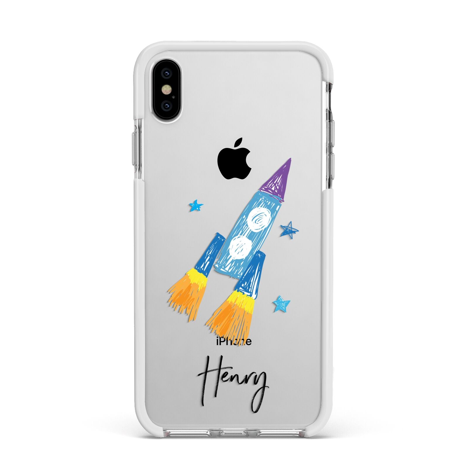 Custom Space Rocket Apple iPhone Xs Max Impact Case White Edge on Silver Phone