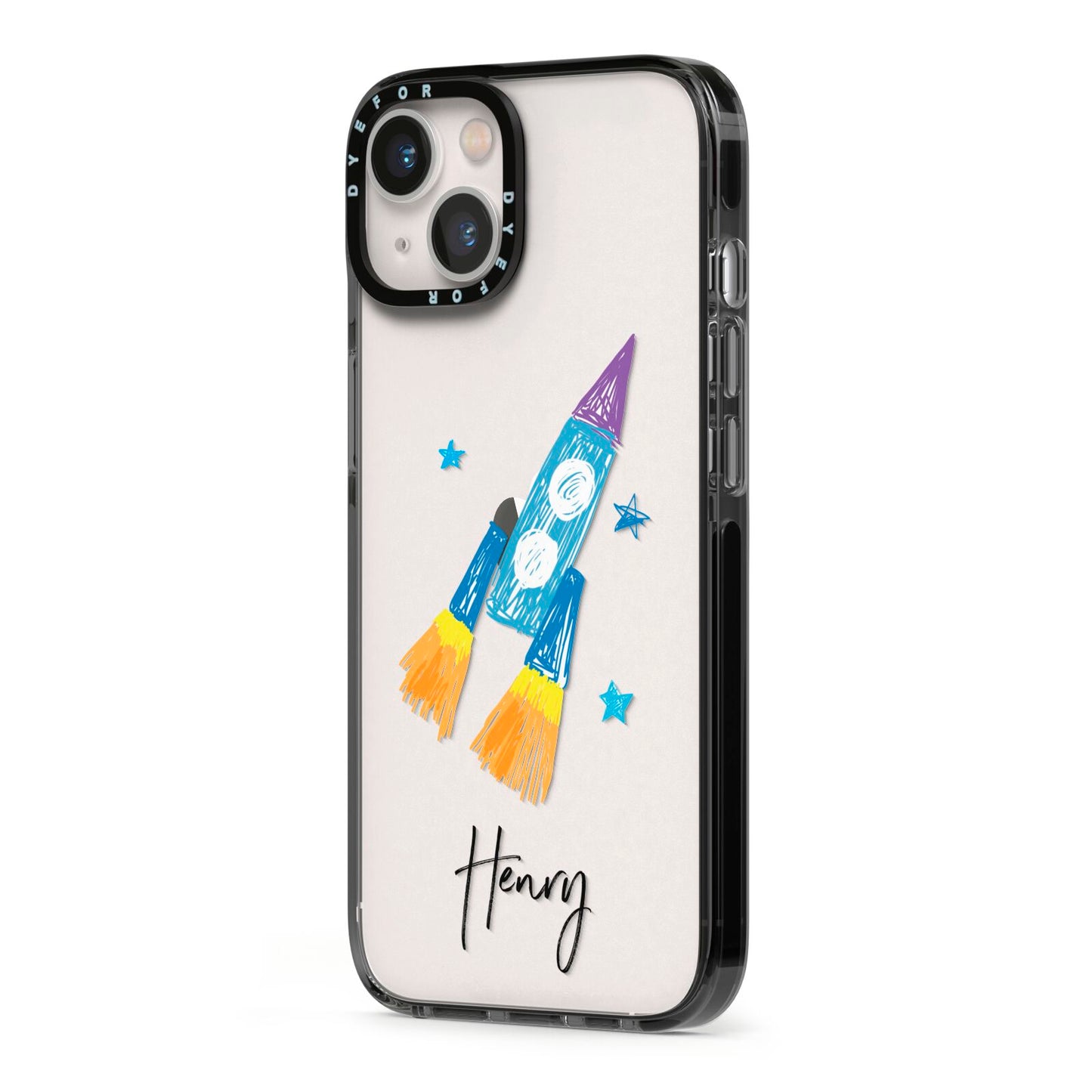 Custom Space Rocket iPhone 13 Black Impact Case Side Angle on Silver phone