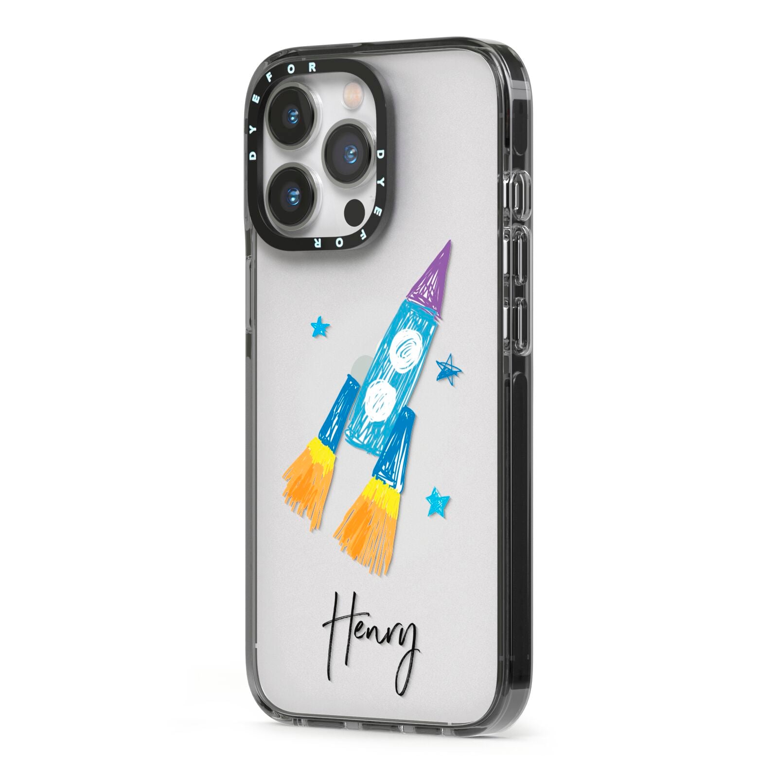 Custom Space Rocket iPhone 13 Pro Black Impact Case Side Angle on Silver phone