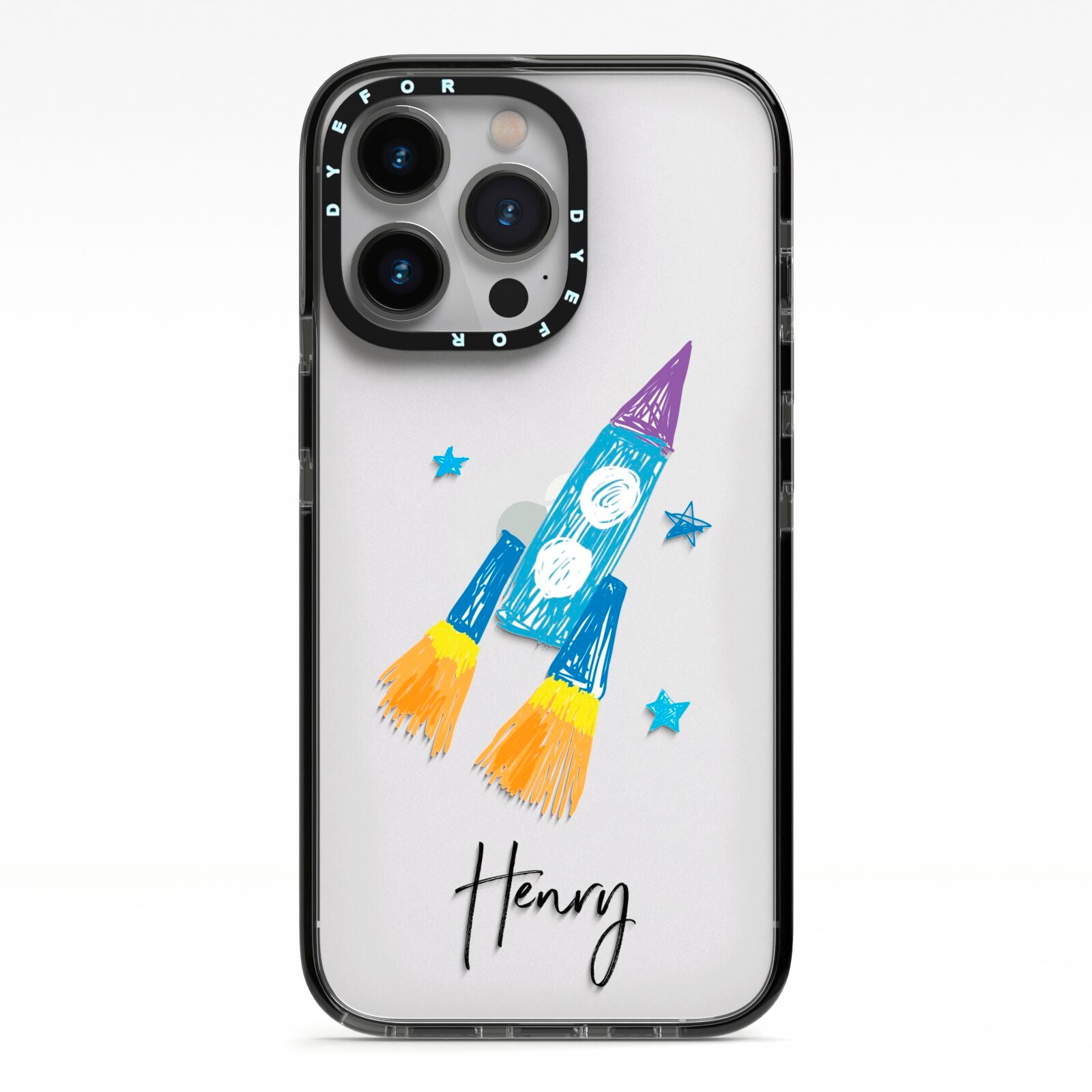 Custom Space Rocket iPhone 13 Pro Black Impact Case on Silver phone