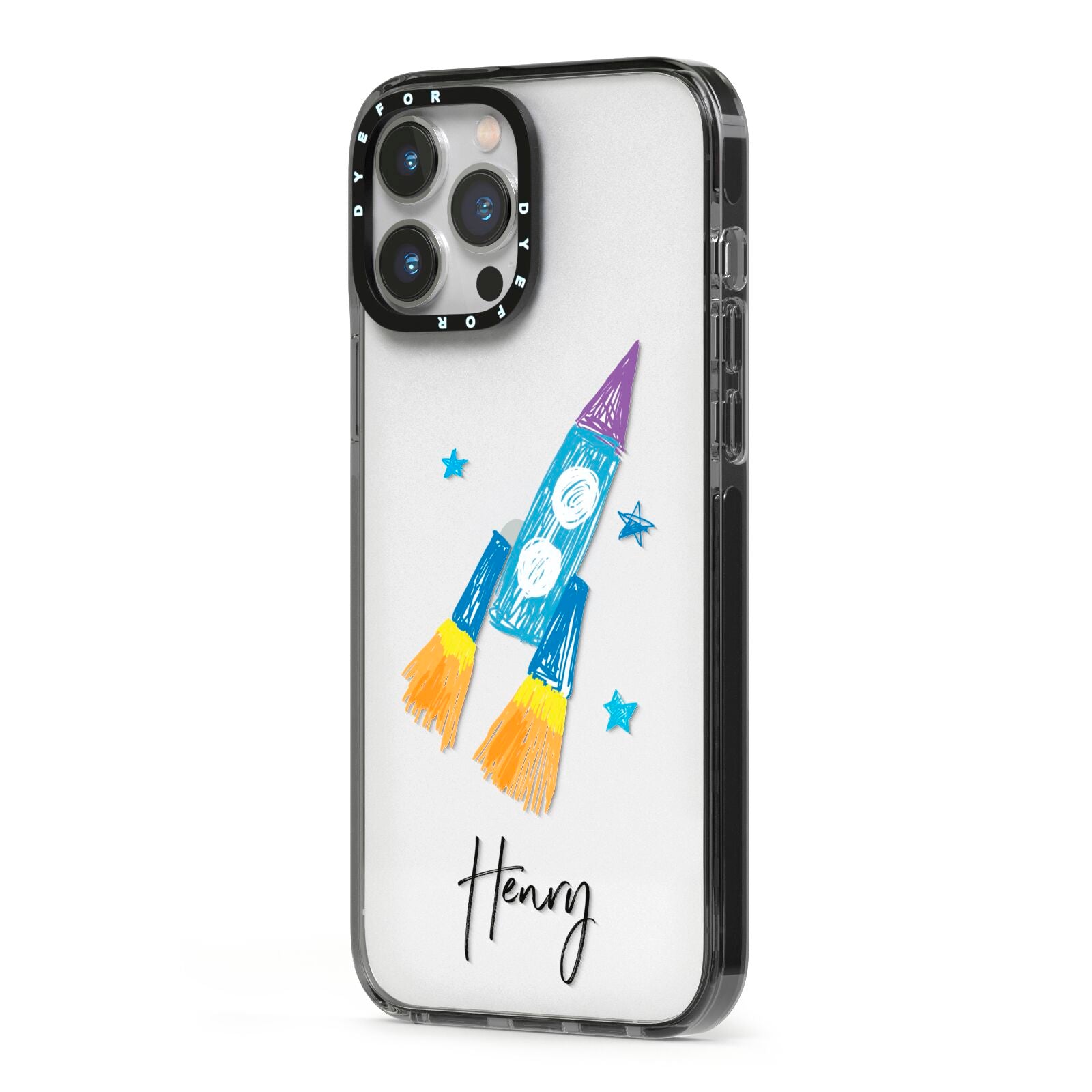 Custom Space Rocket iPhone 13 Pro Max Black Impact Case Side Angle on Silver phone