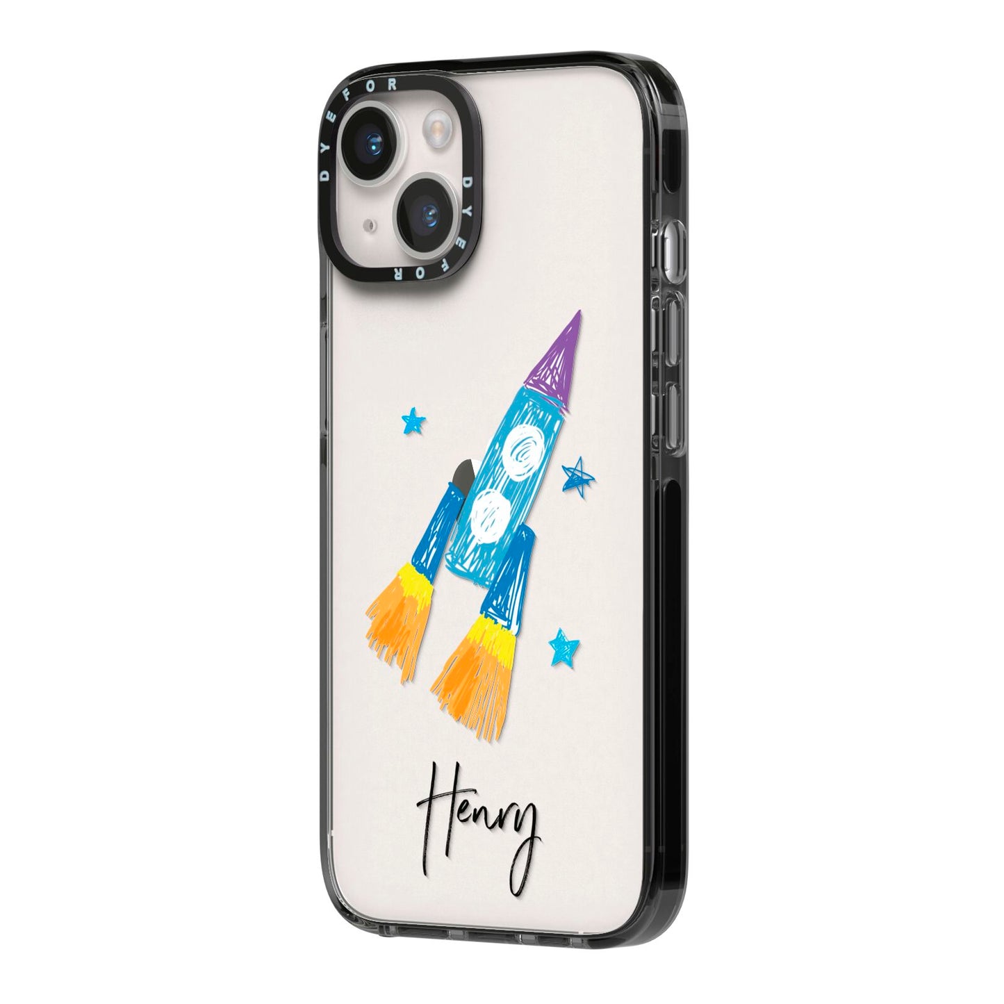 Custom Space Rocket iPhone 14 Black Impact Case Side Angle on Silver phone