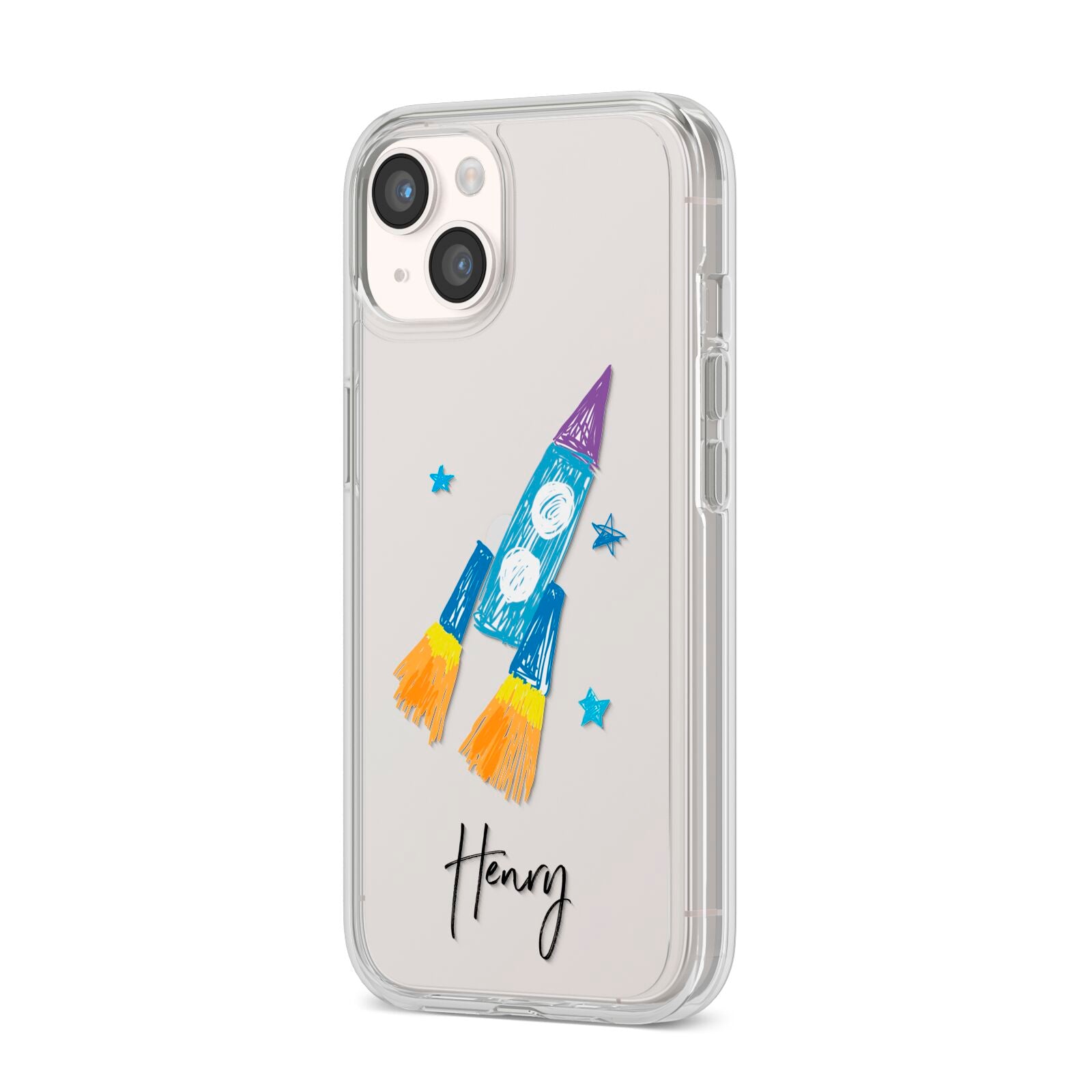 Custom Space Rocket iPhone 14 Clear Tough Case Starlight Angled Image