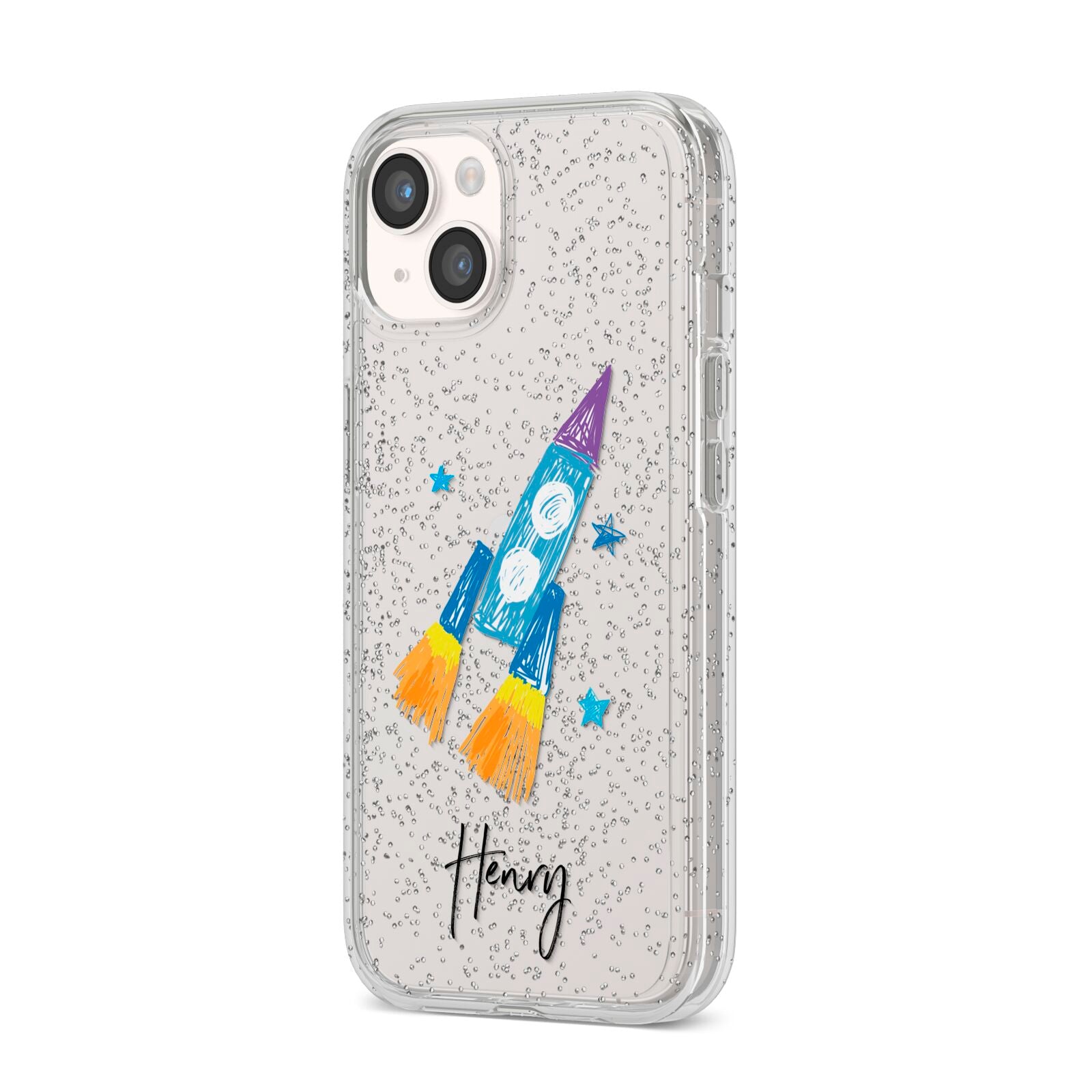 Custom Space Rocket iPhone 14 Glitter Tough Case Starlight Angled Image