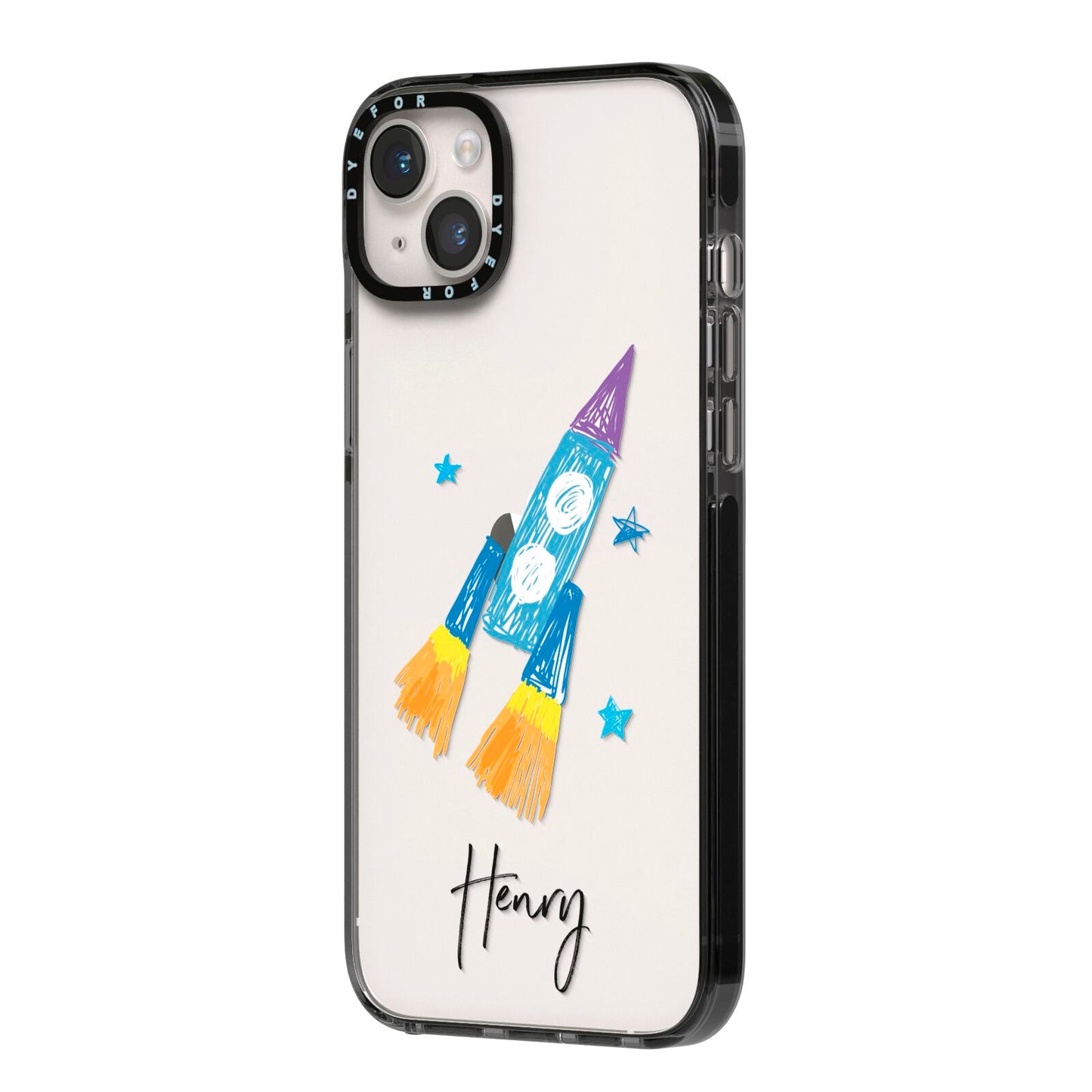 Custom Space Rocket iPhone 14 Plus Black Impact Case Side Angle on Silver phone