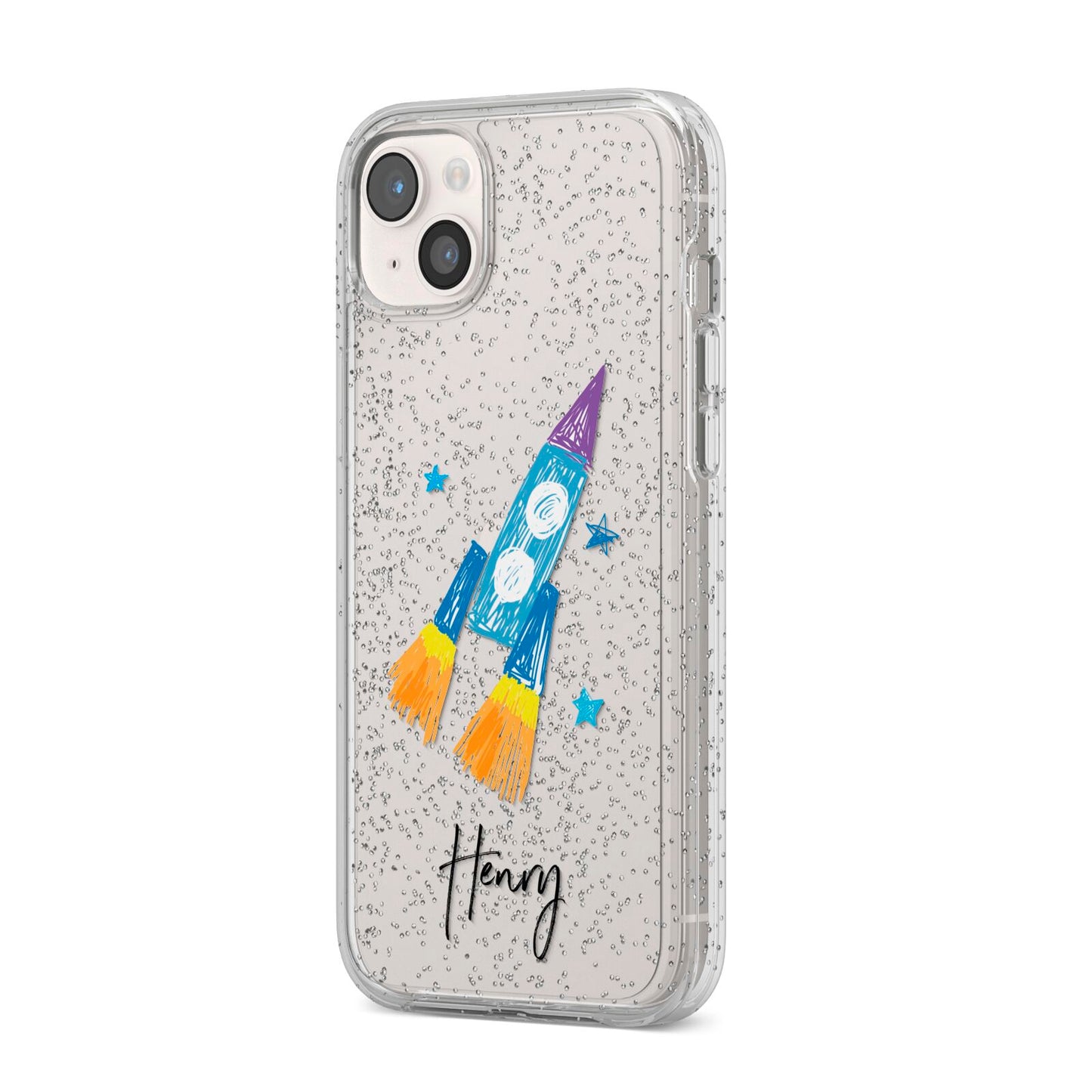 Custom Space Rocket iPhone 14 Plus Glitter Tough Case Starlight Angled Image