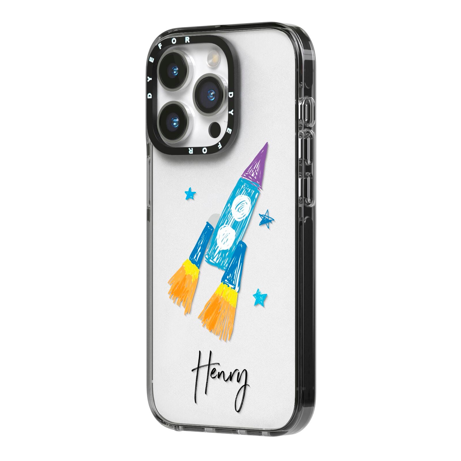 Custom Space Rocket iPhone 14 Pro Black Impact Case Side Angle on Silver phone