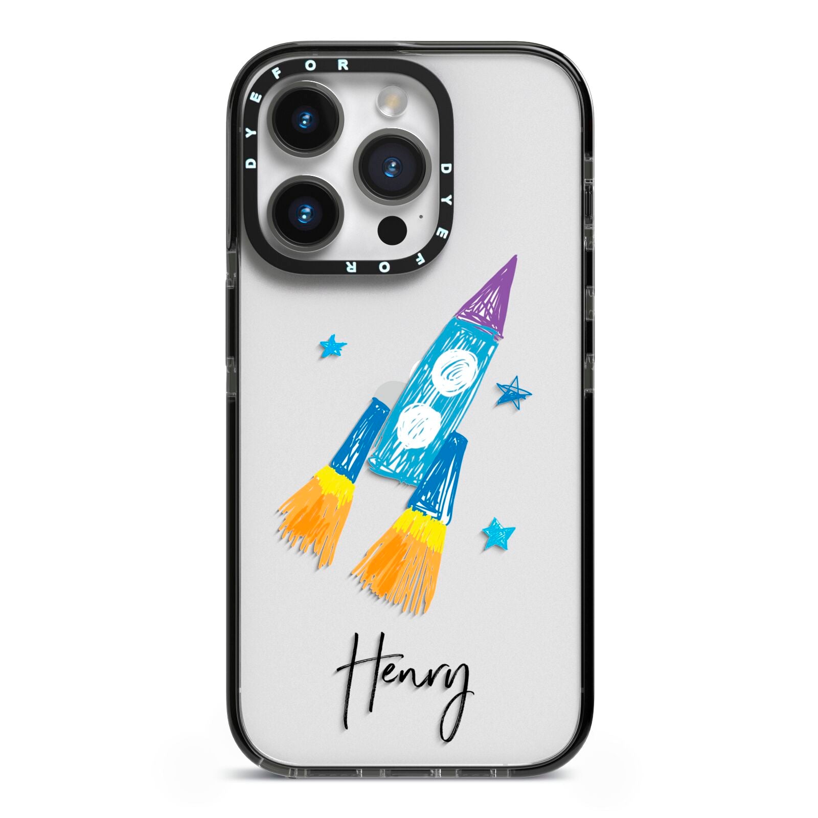 Custom Space Rocket iPhone 14 Pro Black Impact Case on Silver phone