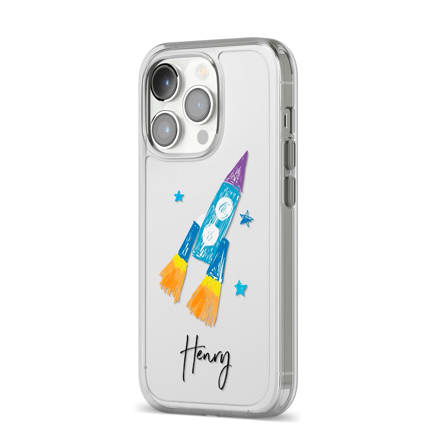 Custom Space Rocket iPhone 14 Pro Clear Tough Case Silver Angled Image