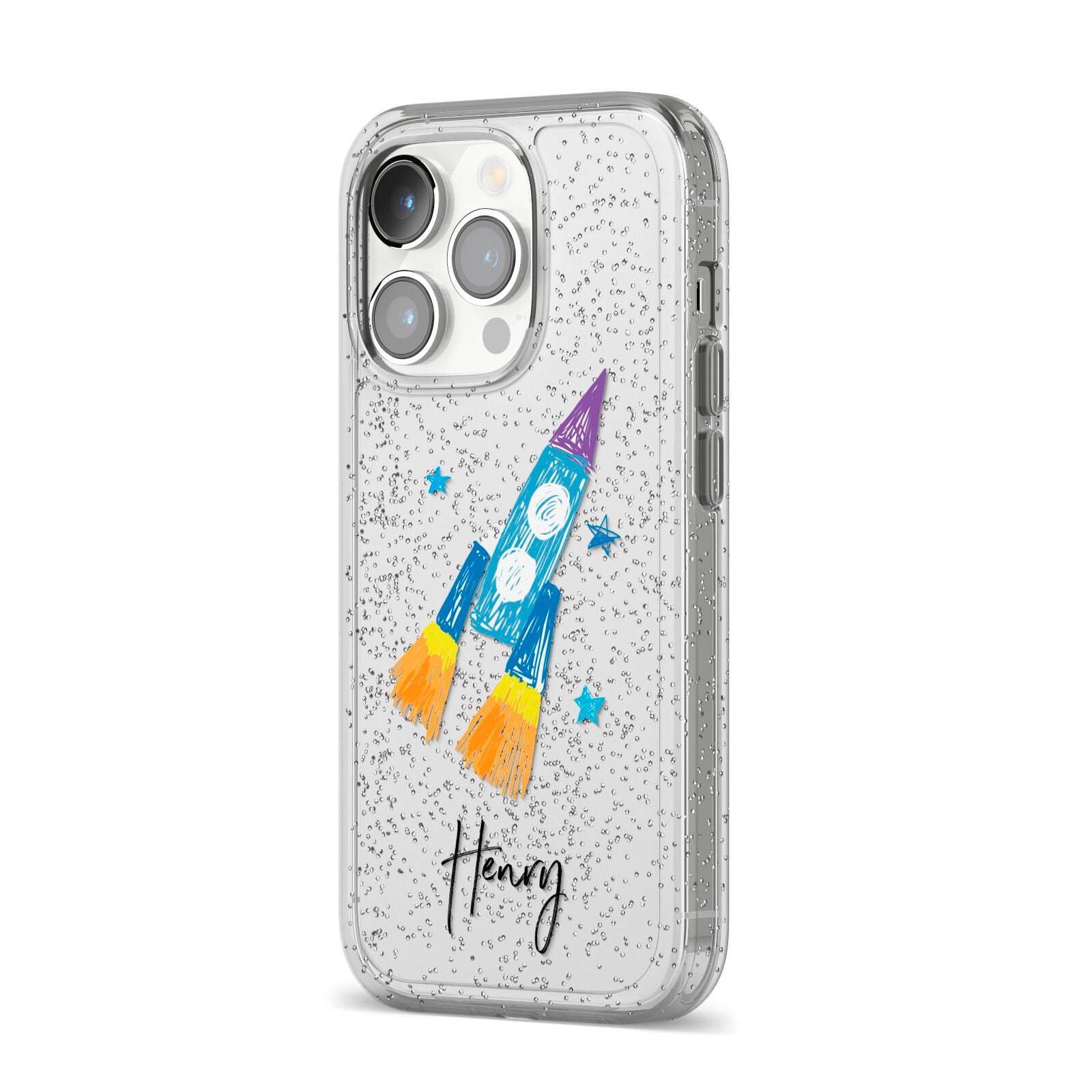 Custom Space Rocket iPhone 14 Pro Glitter Tough Case Silver Angled Image