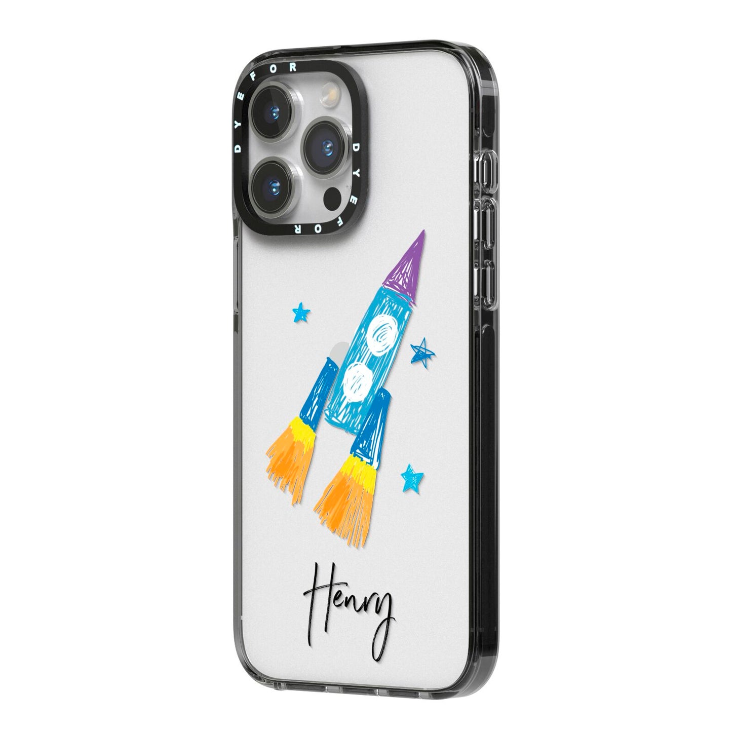 Custom Space Rocket iPhone 14 Pro Max Black Impact Case Side Angle on Silver phone