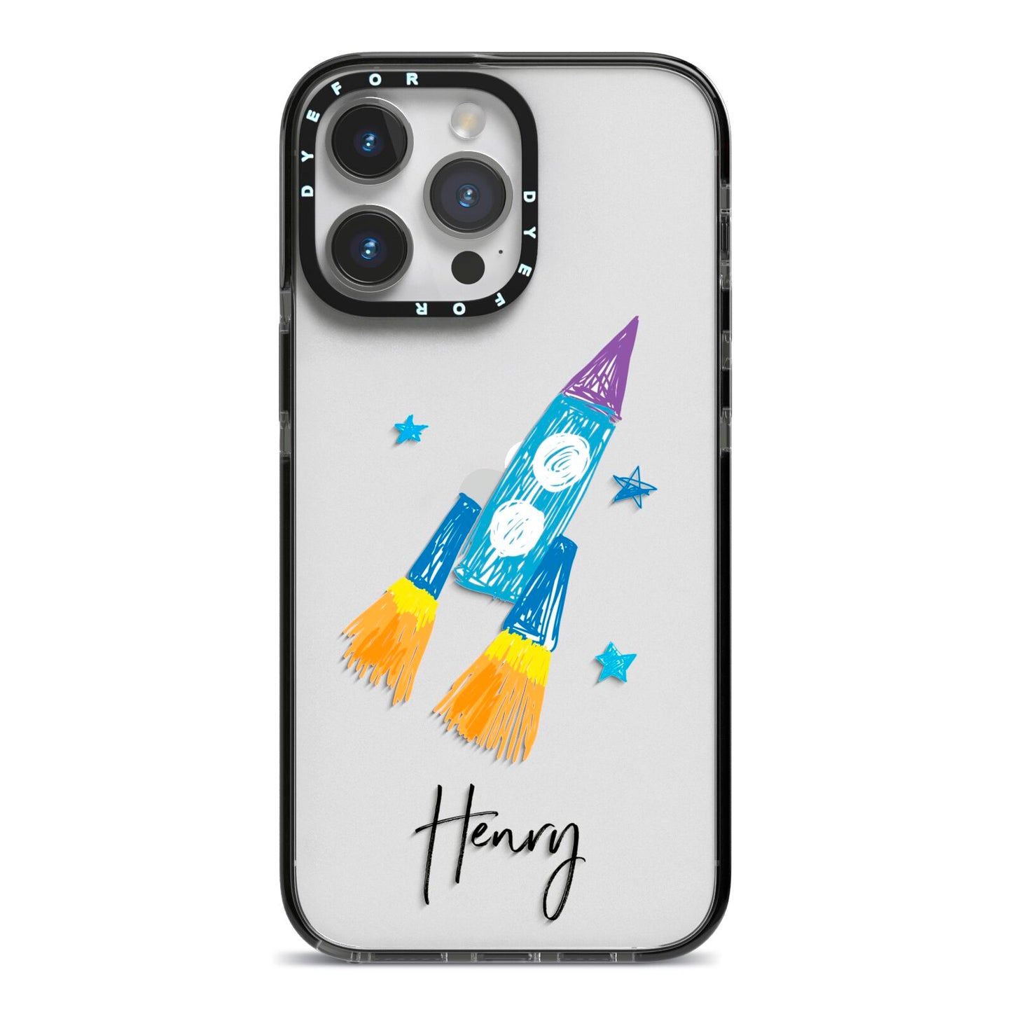 Custom Space Rocket iPhone 14 Pro Max Black Impact Case on Silver phone