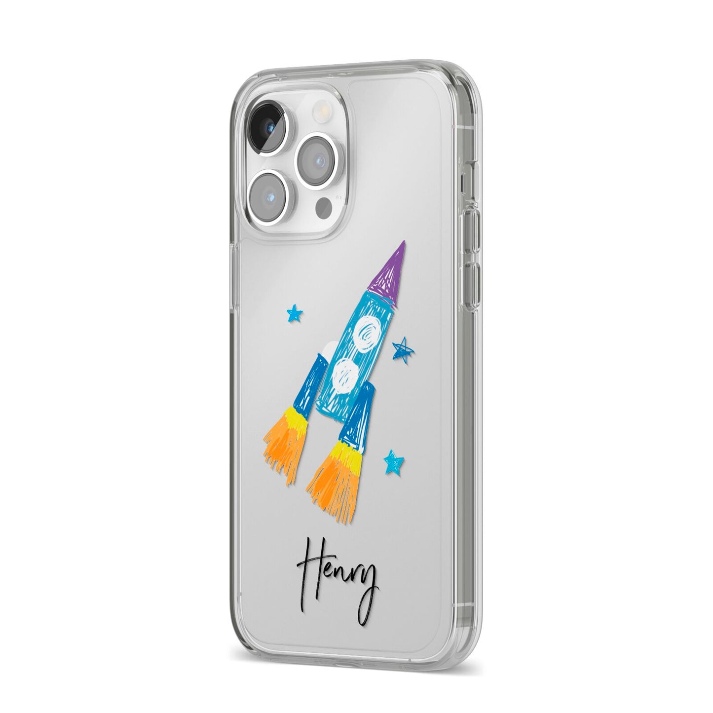 Custom Space Rocket iPhone 14 Pro Max Clear Tough Case Silver Angled Image