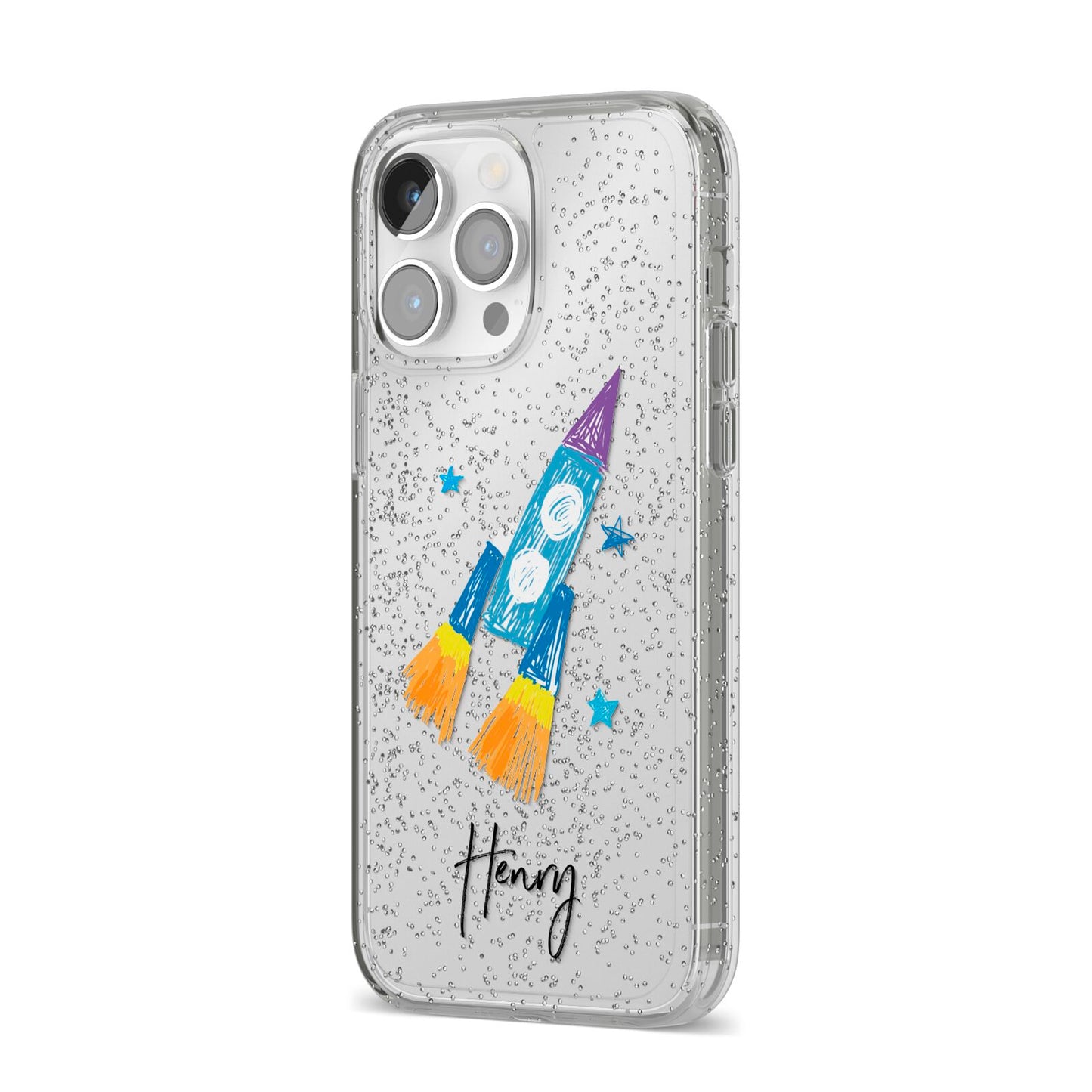 Custom Space Rocket iPhone 14 Pro Max Glitter Tough Case Silver Angled Image