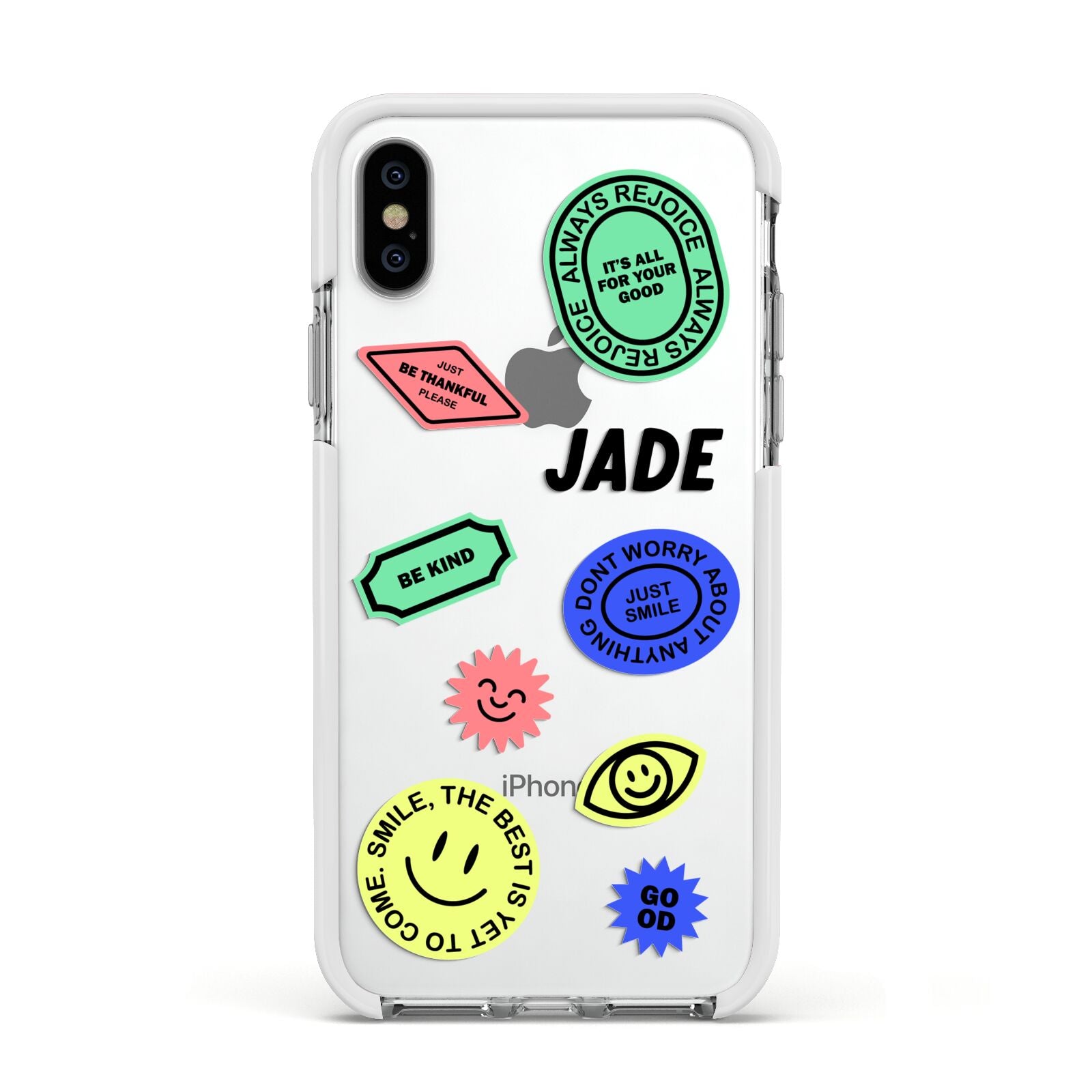 Custom Stickers Apple iPhone Xs Impact Case White Edge on Silver Phone