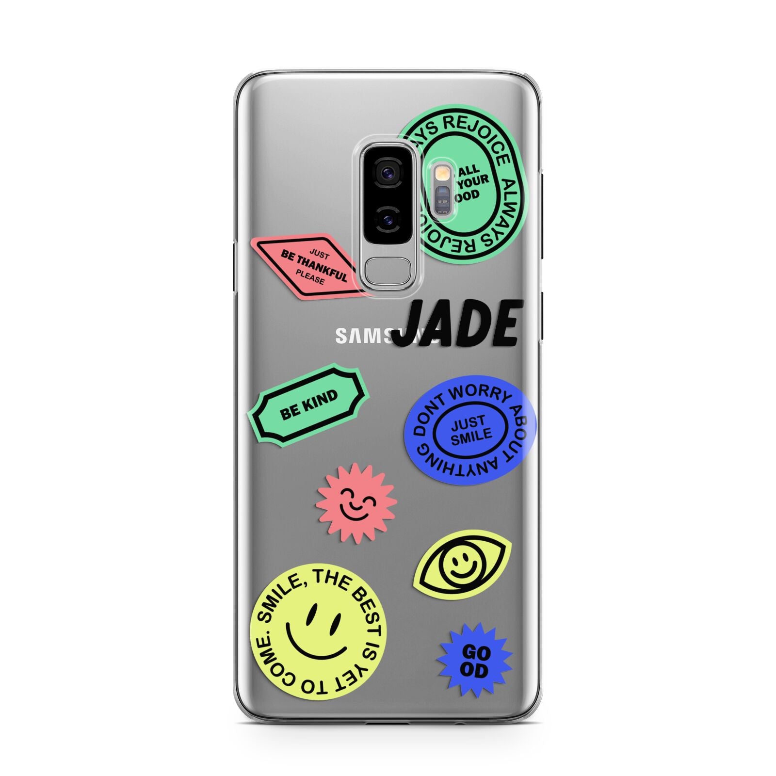 Custom Stickers Samsung Galaxy S9 Plus Case on Silver phone