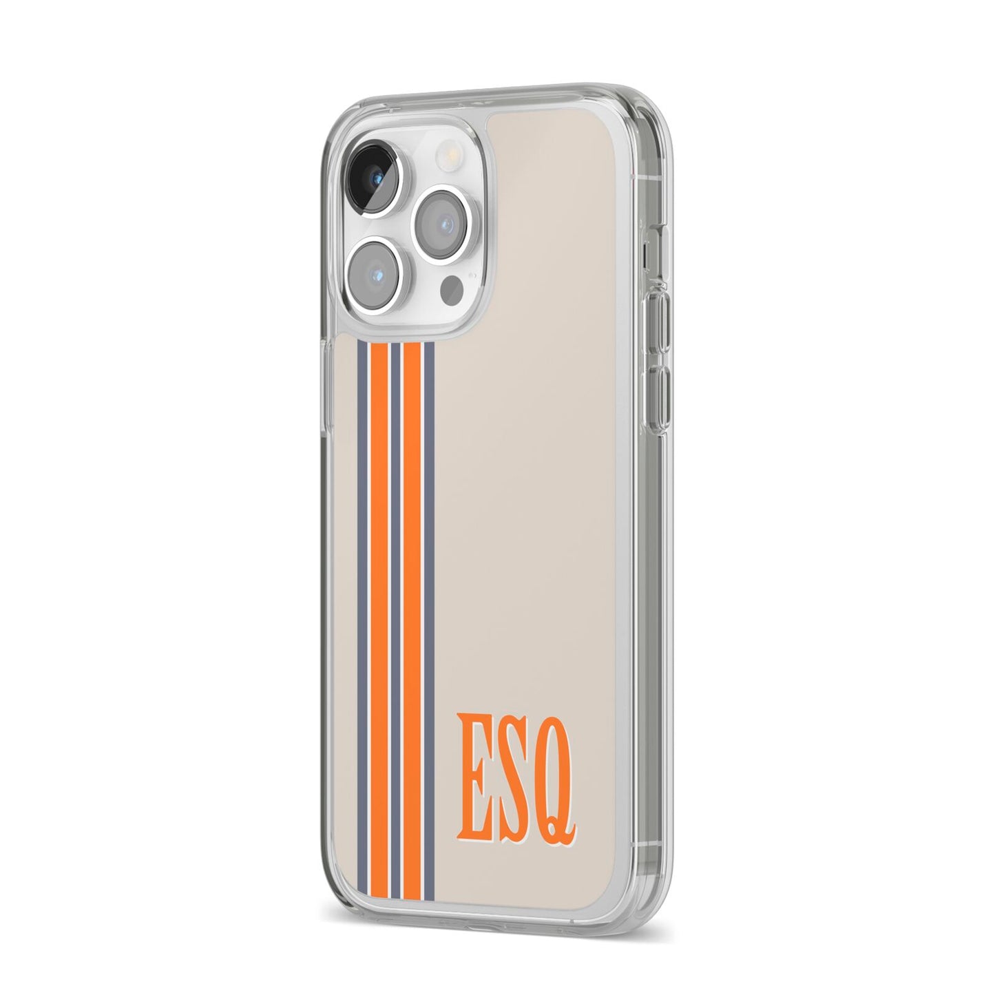 Custom Striped Initials iPhone 14 Pro Max Clear Tough Case Silver Angled Image