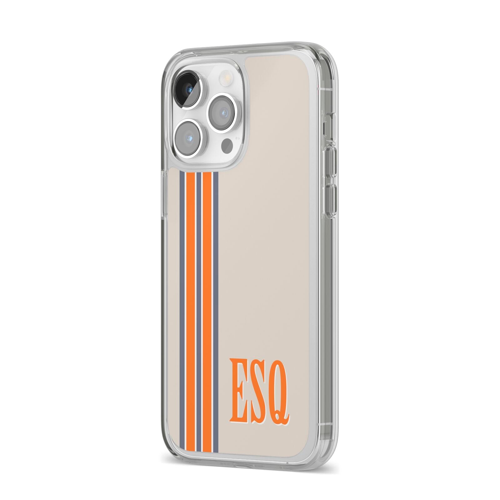 Custom Striped Initials iPhone 14 Pro Max Clear Tough Case Silver Angled Image