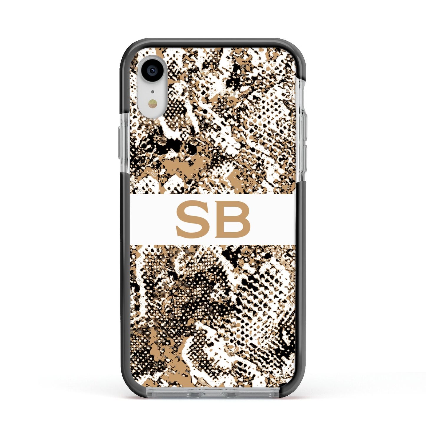 Custom Tan Snakeskin Apple iPhone XR Impact Case Black Edge on Silver Phone