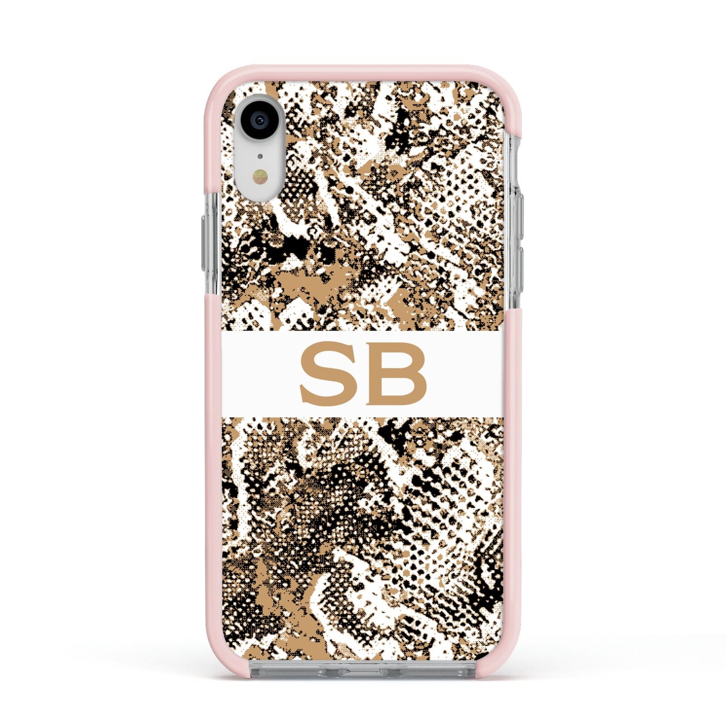 Custom Tan Snakeskin Apple iPhone XR Impact Case Pink Edge on Silver Phone