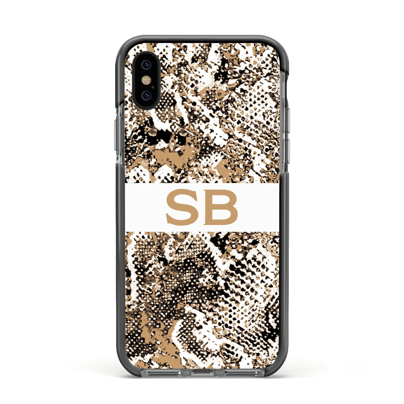 Custom Tan Snakeskin Apple iPhone Xs Impact Case Black Edge on Black Phone