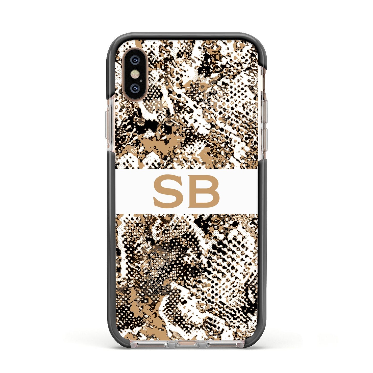 Custom Tan Snakeskin Apple iPhone Xs Impact Case Black Edge on Gold Phone