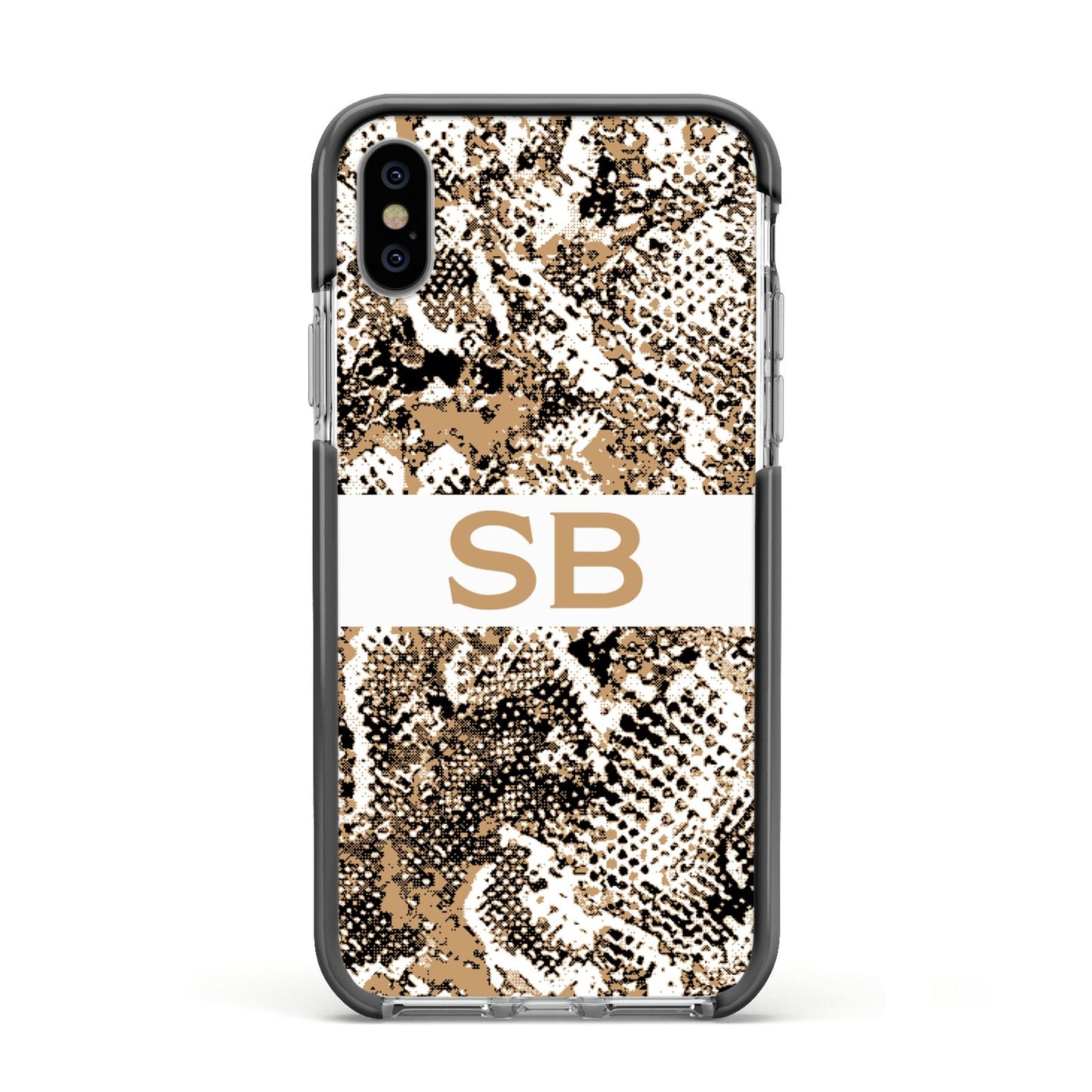 Custom Tan Snakeskin Apple iPhone Xs Impact Case Black Edge on Silver Phone