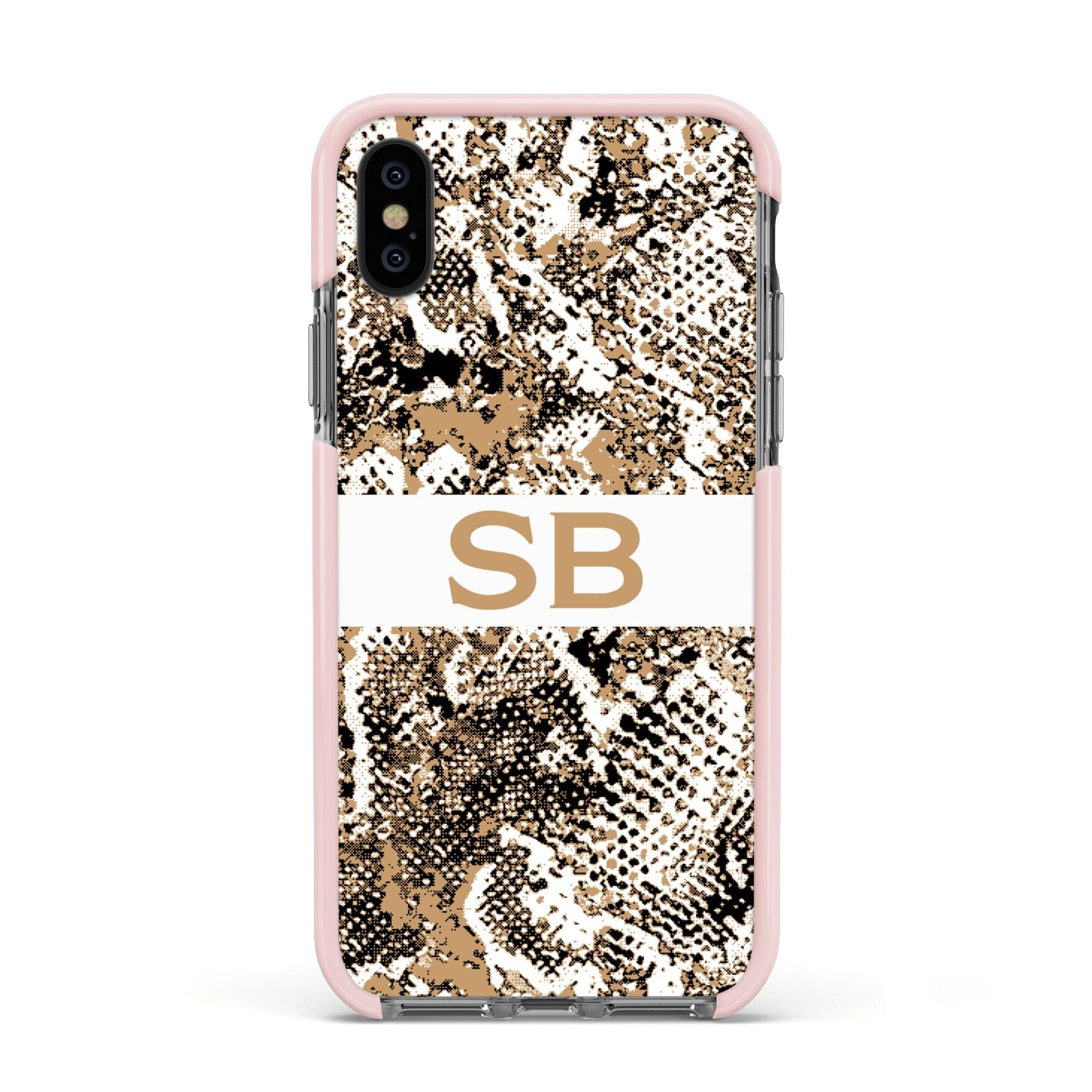 Custom Tan Snakeskin Apple iPhone Xs Impact Case Pink Edge on Black Phone