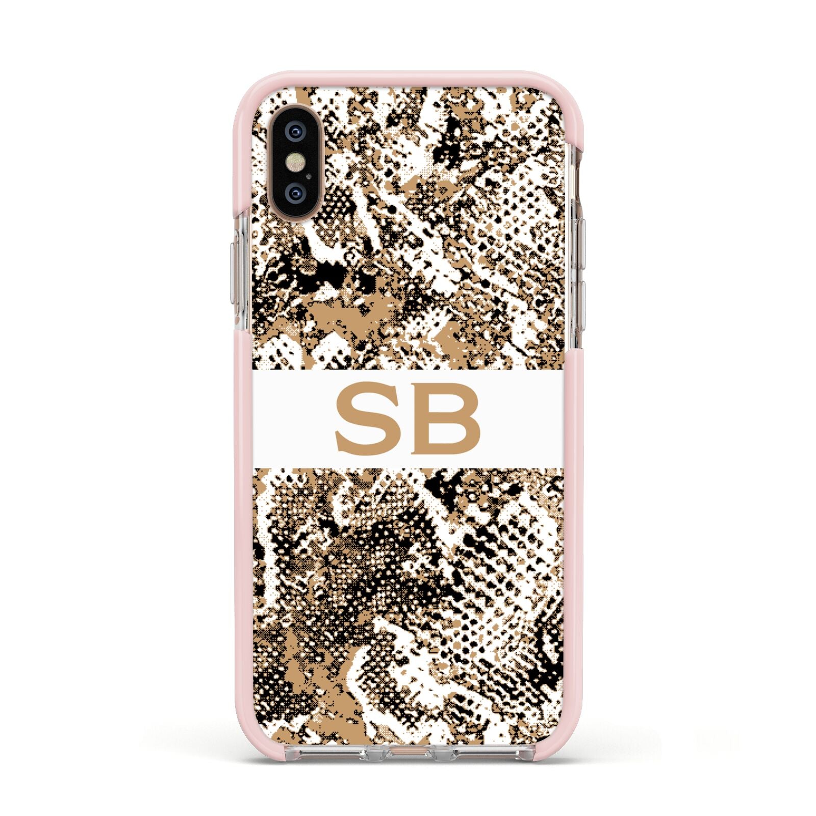 Custom Tan Snakeskin Apple iPhone Xs Impact Case Pink Edge on Gold Phone