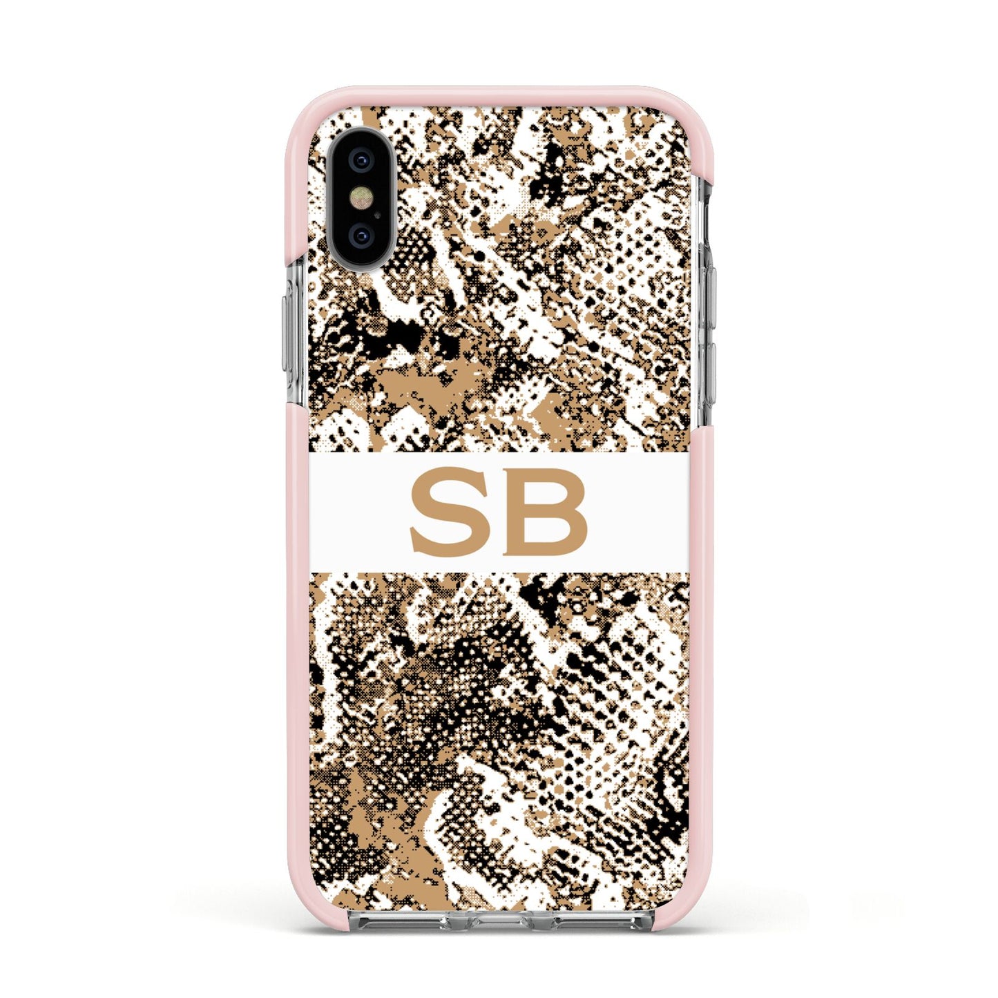 Custom Tan Snakeskin Apple iPhone Xs Impact Case Pink Edge on Silver Phone