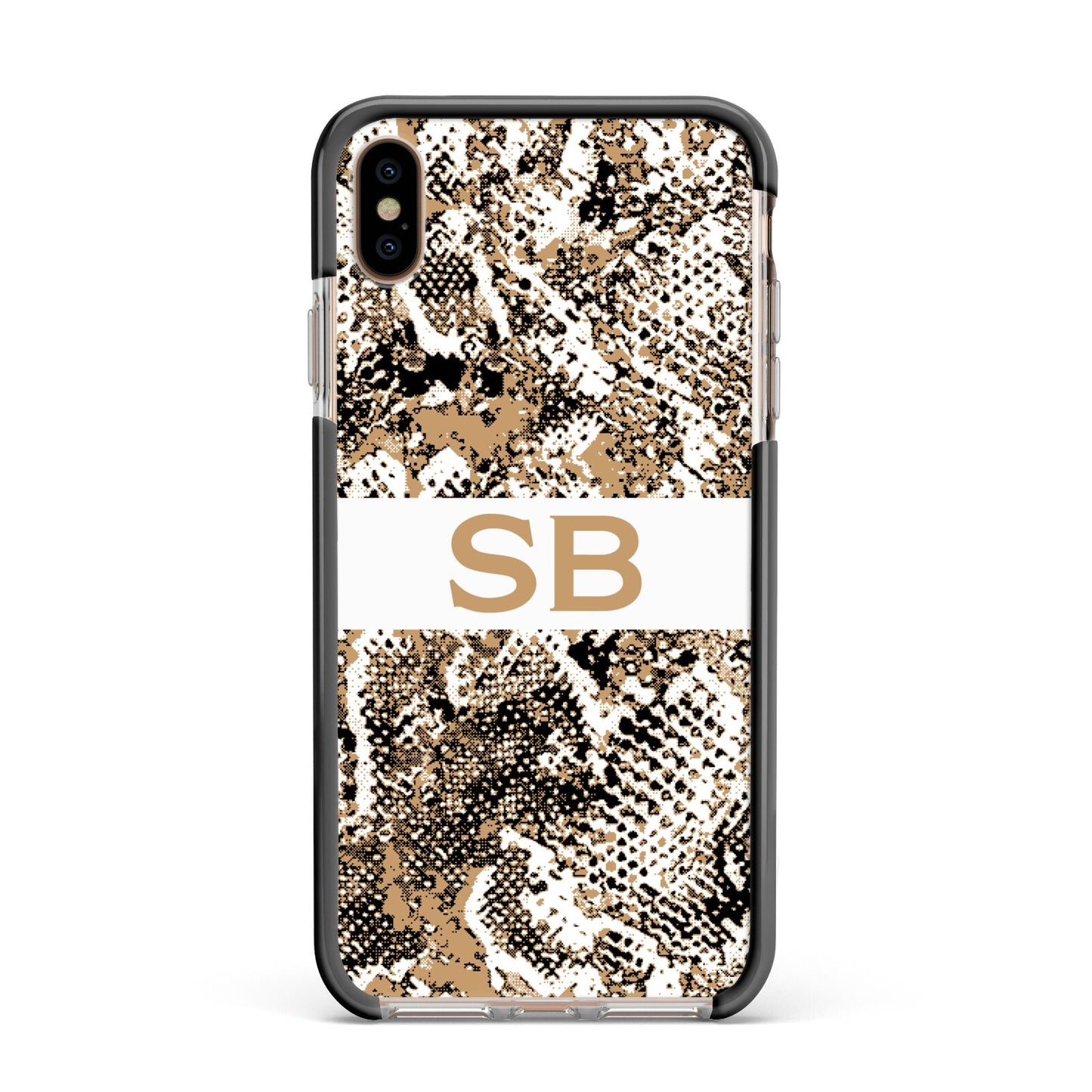 Custom Tan Snakeskin Apple iPhone Xs Max Impact Case Black Edge on Gold Phone