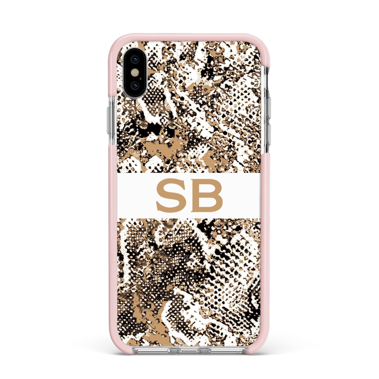 Custom Tan Snakeskin Apple iPhone Xs Max Impact Case Pink Edge on Silver Phone