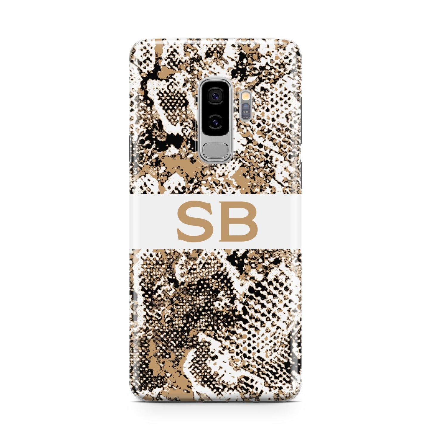 Custom Tan Snakeskin Samsung Galaxy S9 Plus Case on Silver phone