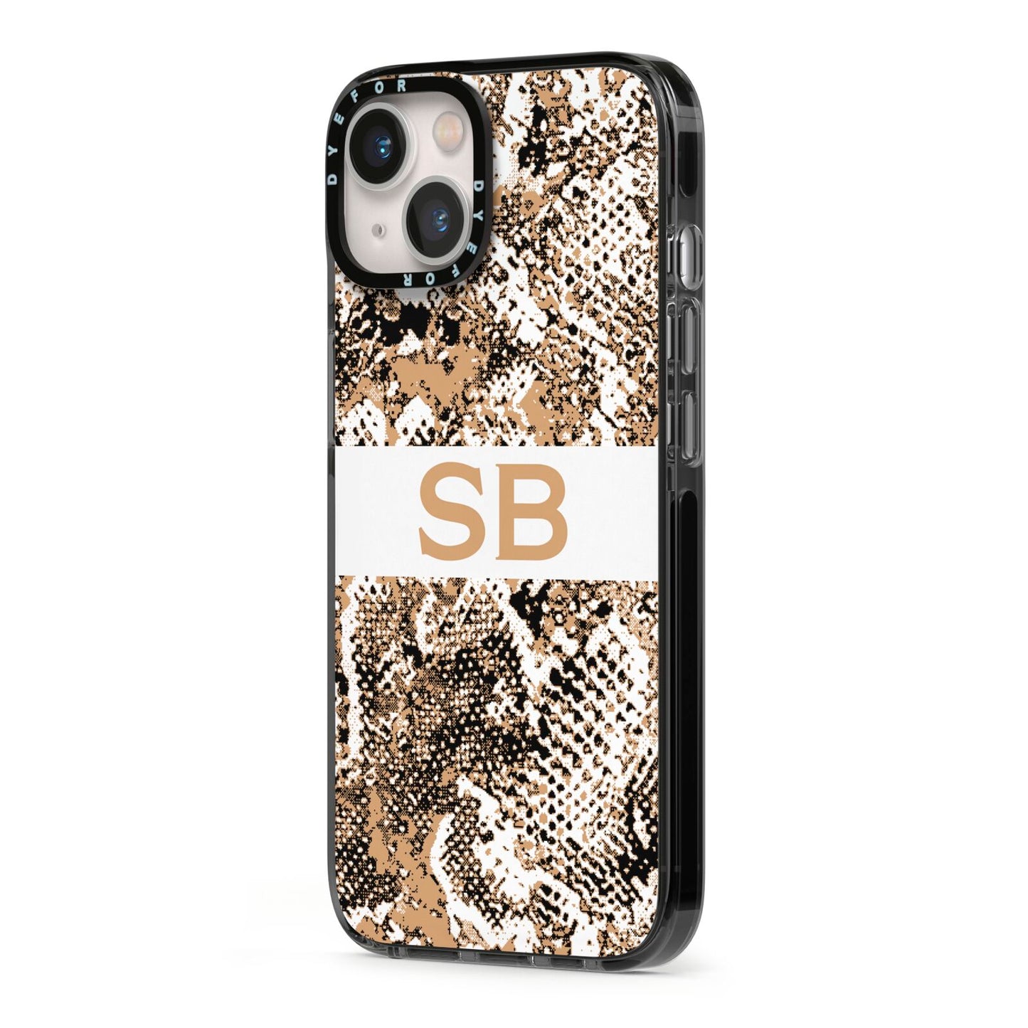 Custom Tan Snakeskin iPhone 13 Black Impact Case Side Angle on Silver phone