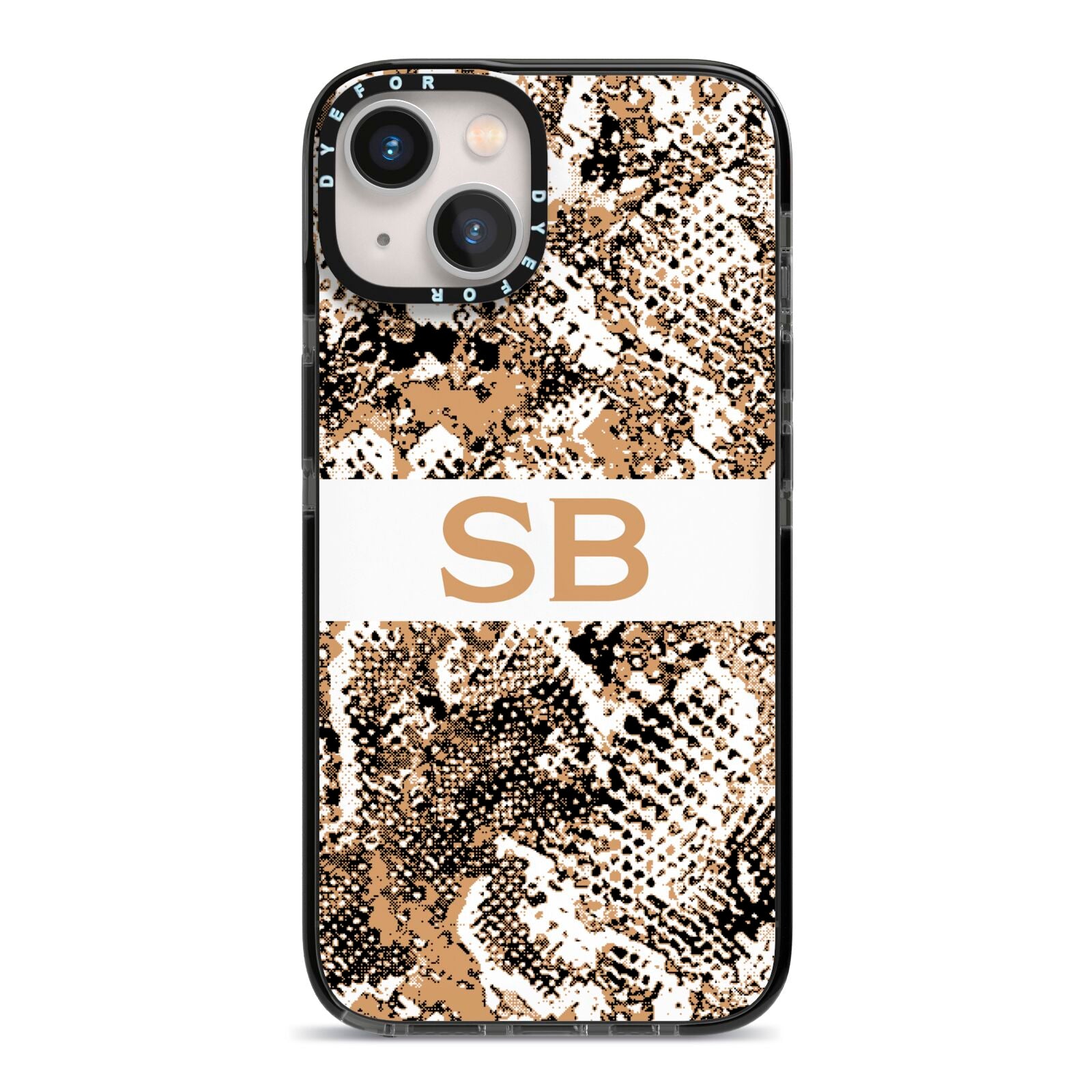 Custom Tan Snakeskin iPhone 13 Black Impact Case on Silver phone