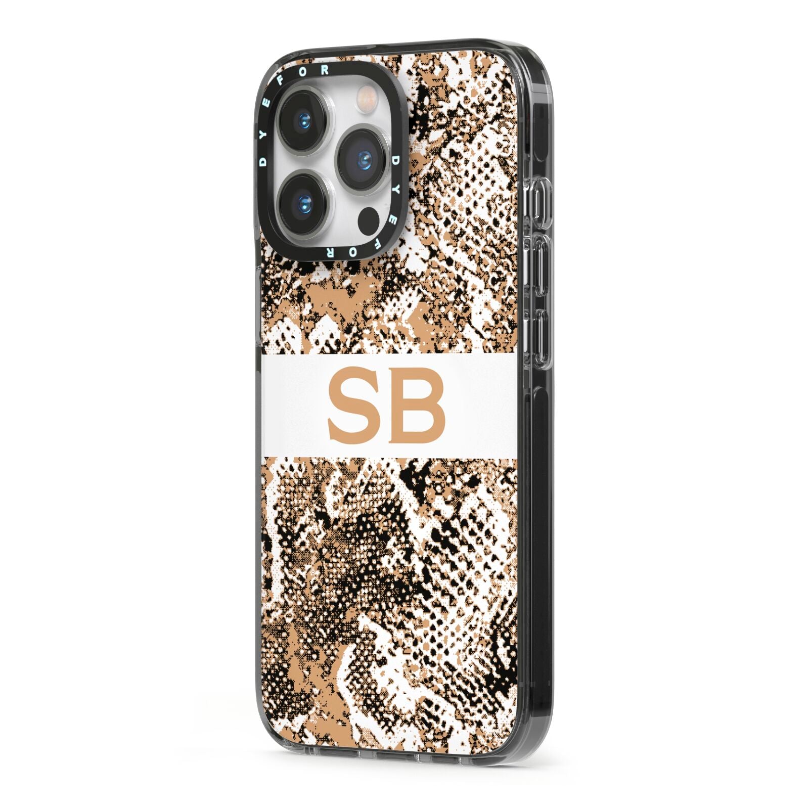 Custom Tan Snakeskin iPhone 13 Pro Black Impact Case Side Angle on Silver phone