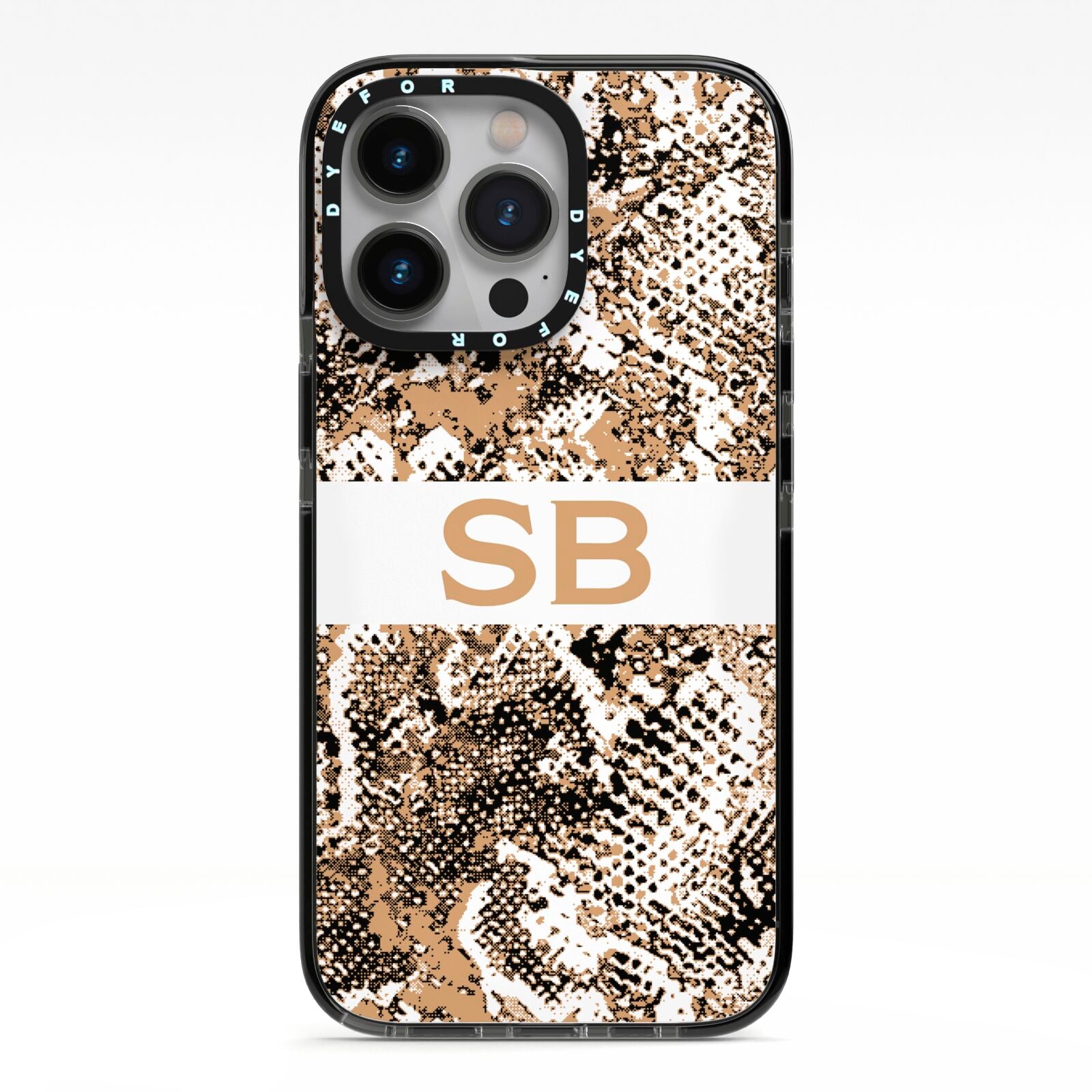 Custom Tan Snakeskin iPhone 13 Pro Black Impact Case on Silver phone