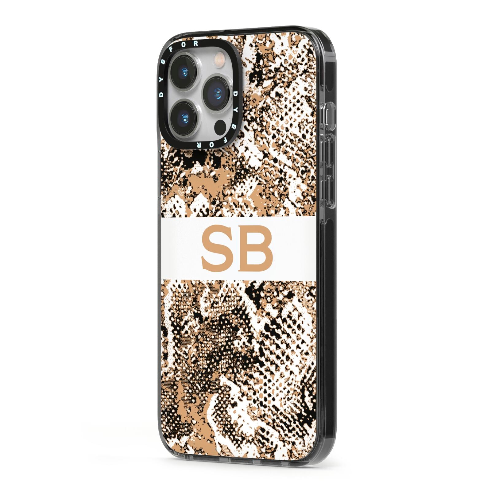 Custom Tan Snakeskin iPhone 13 Pro Max Black Impact Case Side Angle on Silver phone