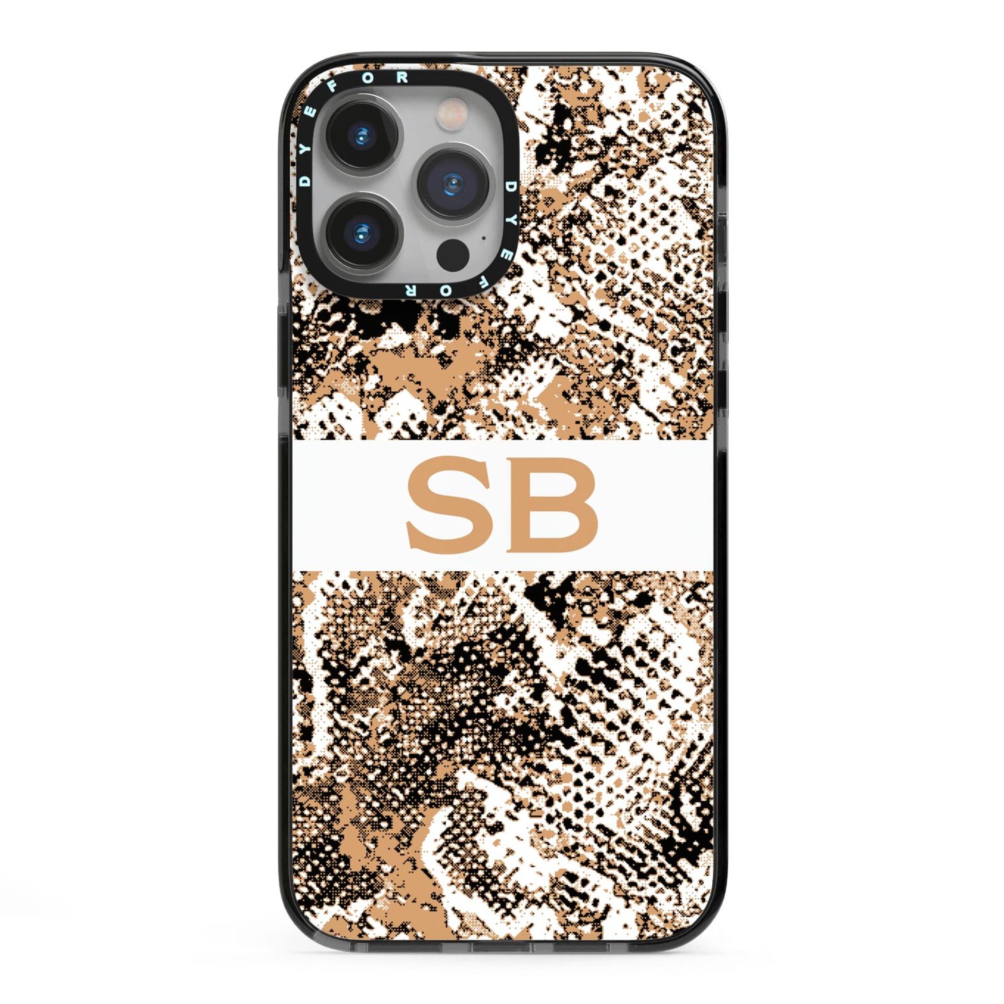 Custom Tan Snakeskin iPhone 13 Pro Max Black Impact Case on Silver phone