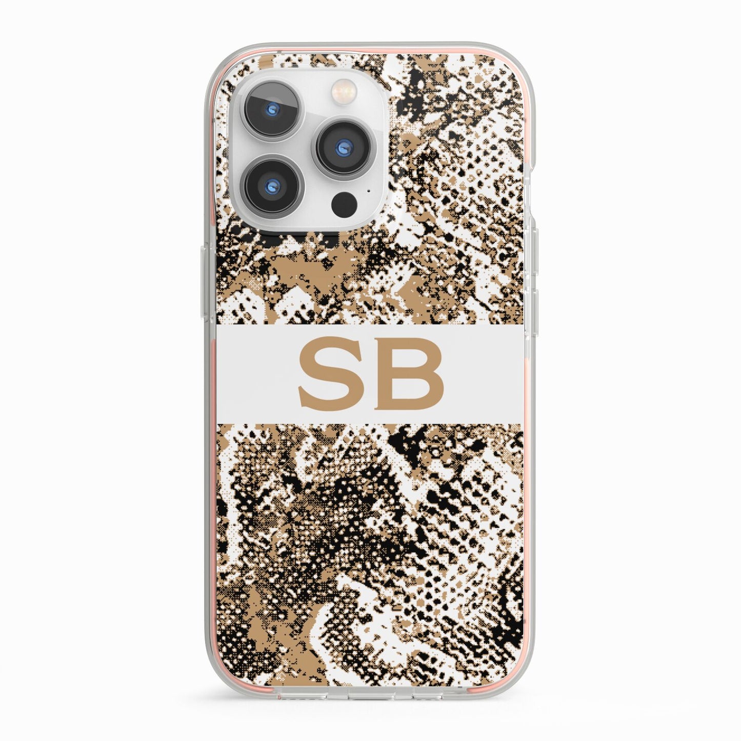 Custom Tan Snakeskin iPhone 13 Pro TPU Impact Case with Pink Edges