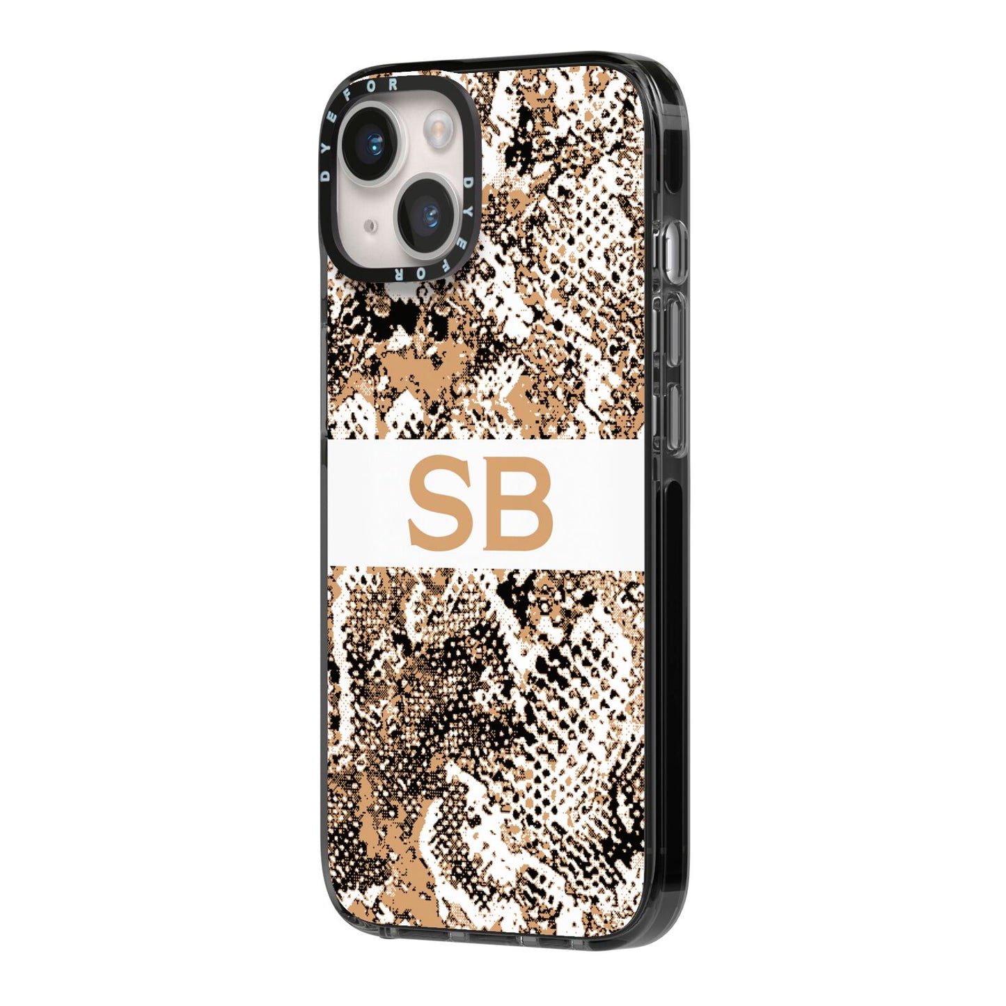 Custom Tan Snakeskin iPhone 14 Black Impact Case Side Angle on Silver phone