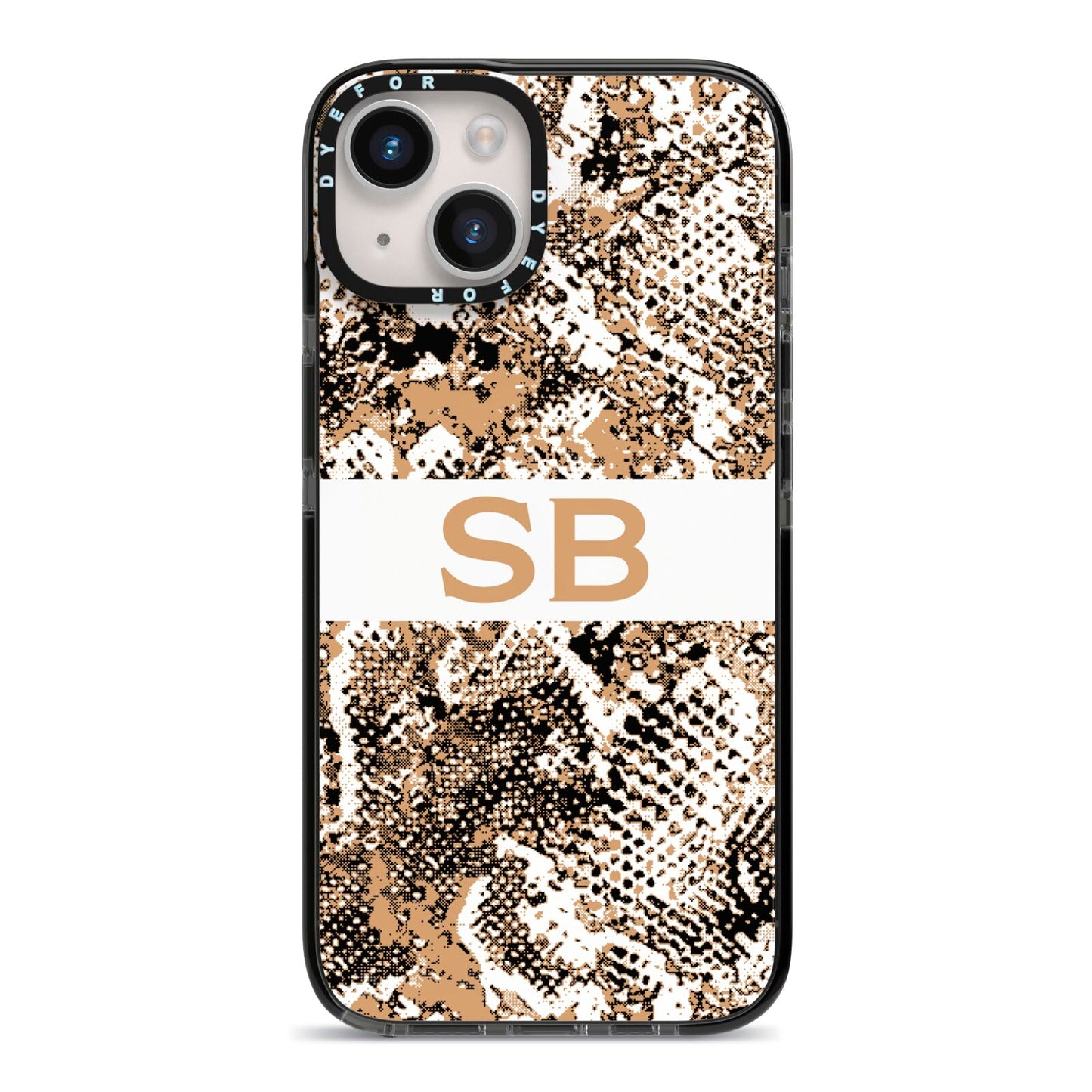 Custom Tan Snakeskin iPhone 14 Black Impact Case on Silver phone