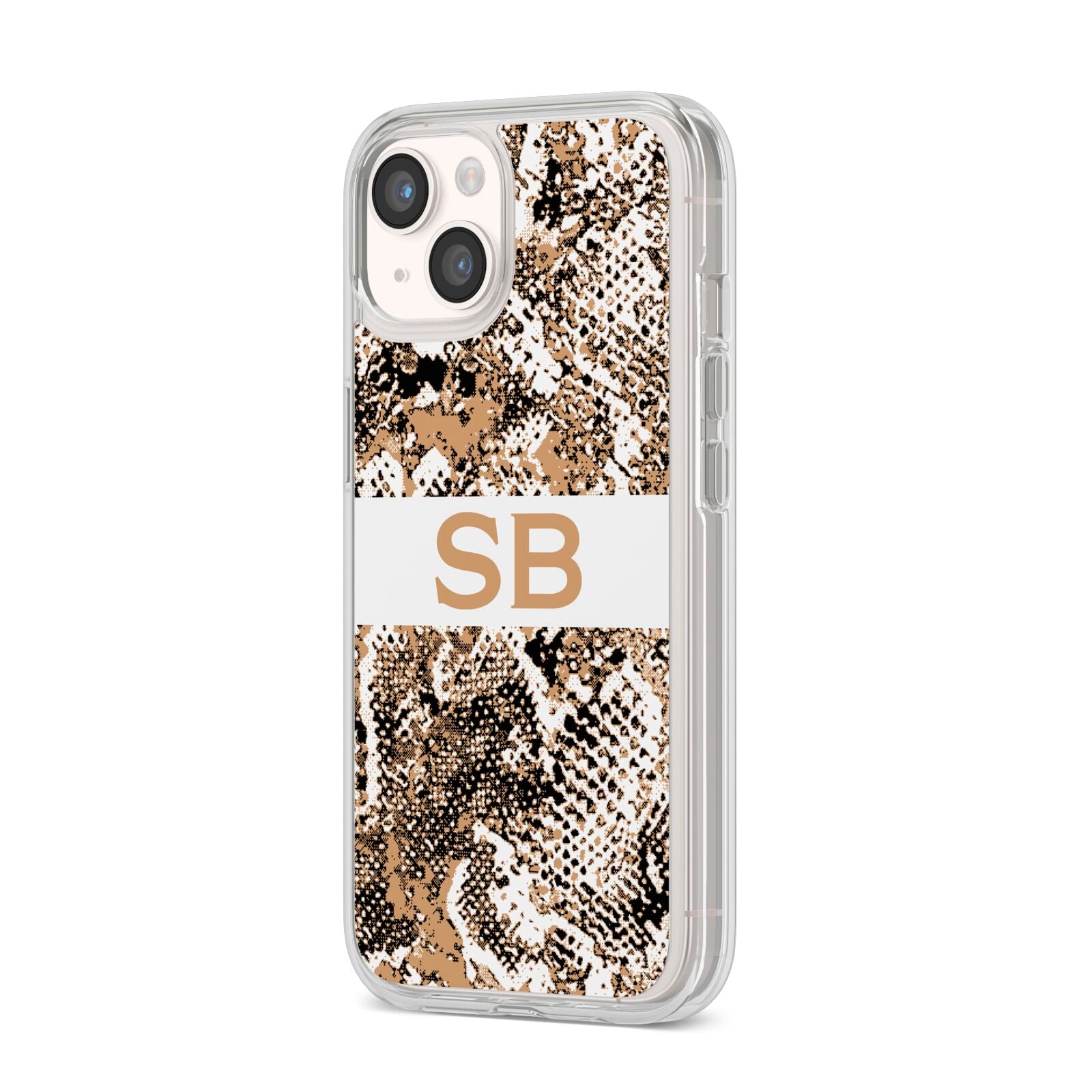 Custom Tan Snakeskin iPhone 14 Clear Tough Case Starlight Angled Image