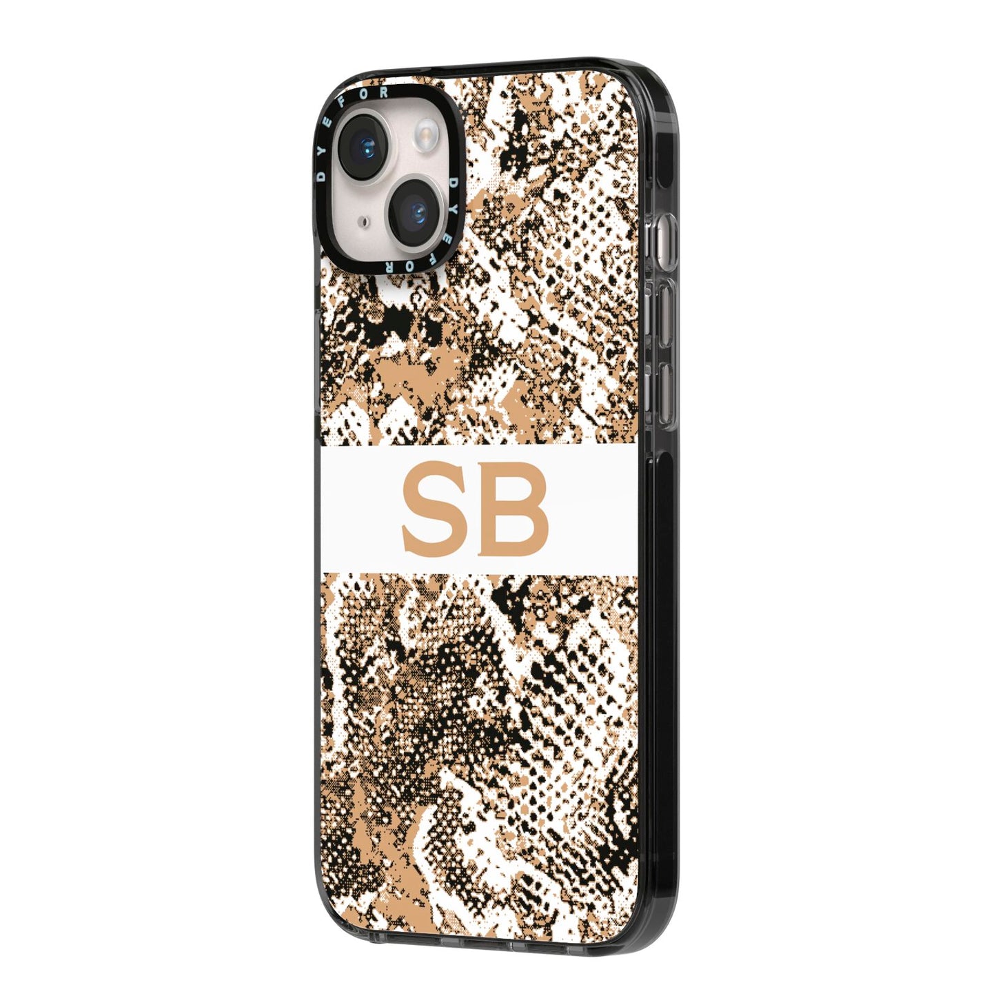 Custom Tan Snakeskin iPhone 14 Plus Black Impact Case Side Angle on Silver phone