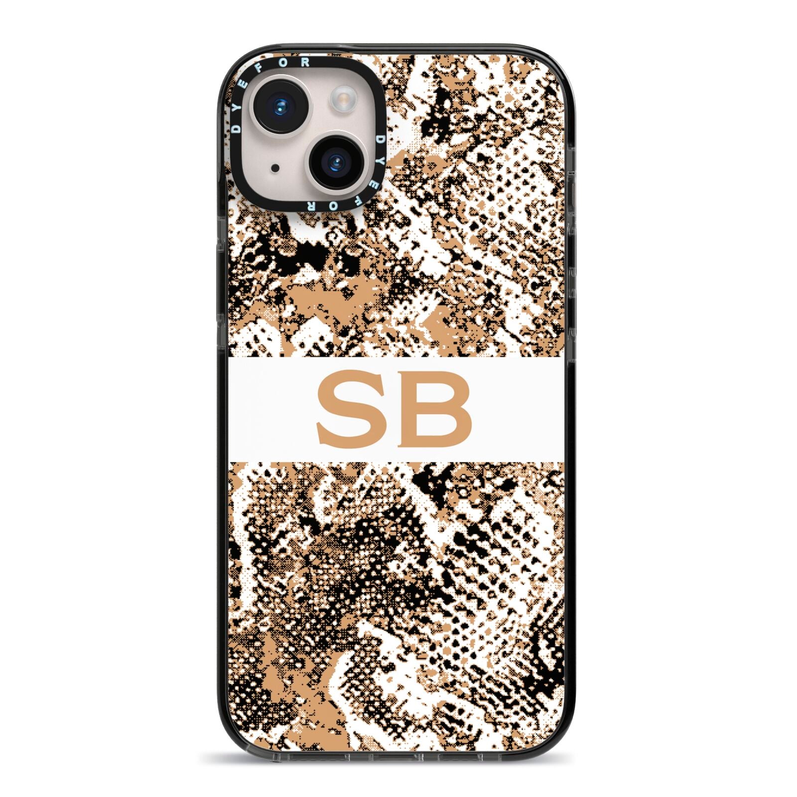 Custom Tan Snakeskin iPhone 14 Plus Black Impact Case on Silver phone