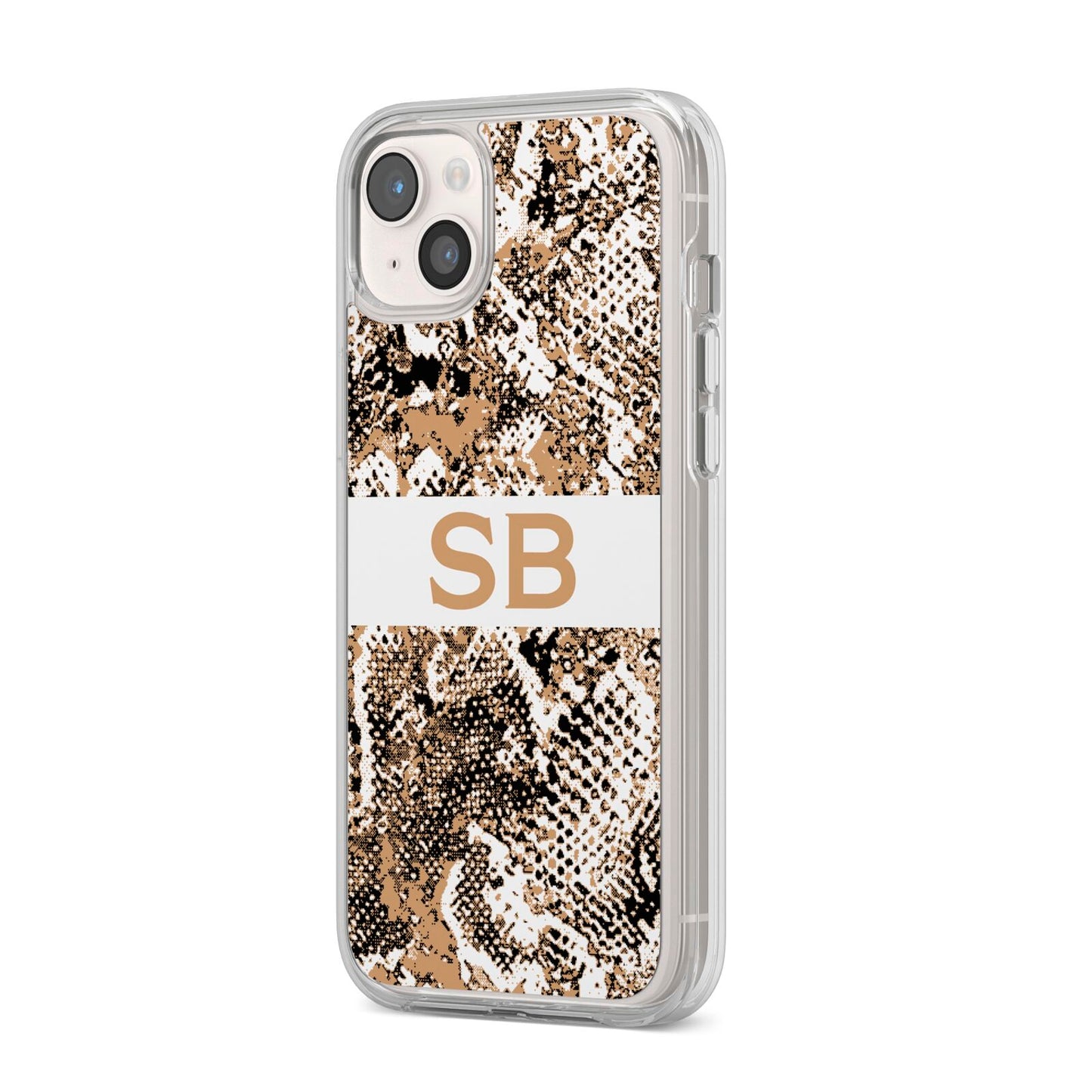 Custom Tan Snakeskin iPhone 14 Plus Clear Tough Case Starlight Angled Image