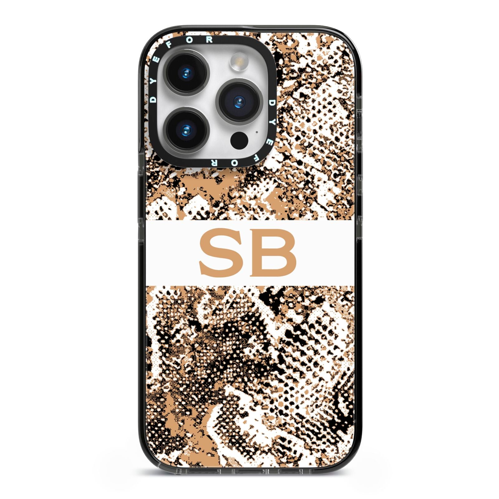 Custom Tan Snakeskin iPhone 14 Pro Black Impact Case on Silver phone