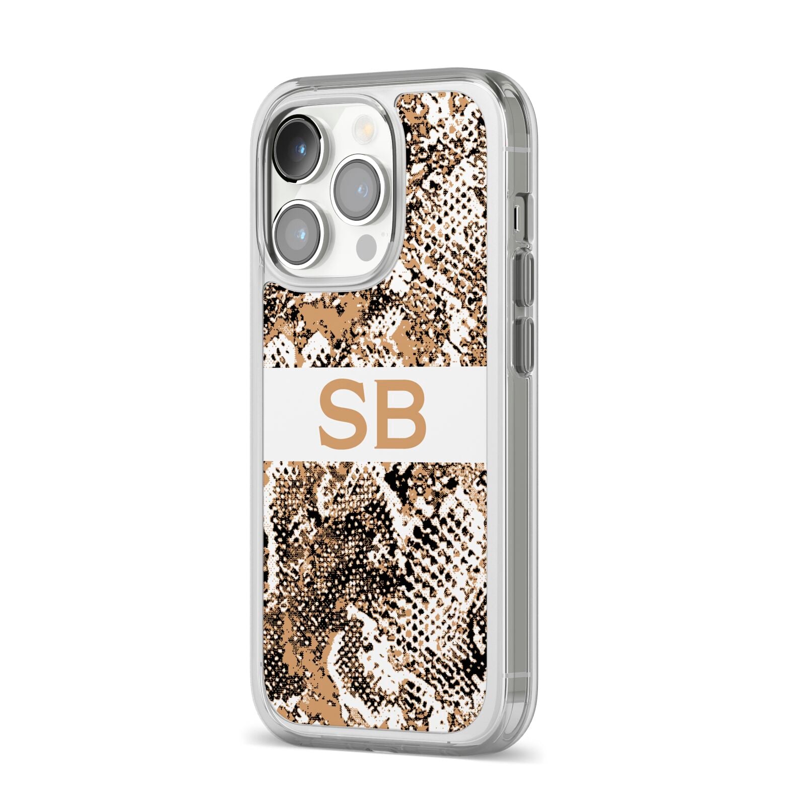 Custom Tan Snakeskin iPhone 14 Pro Clear Tough Case Silver Angled Image