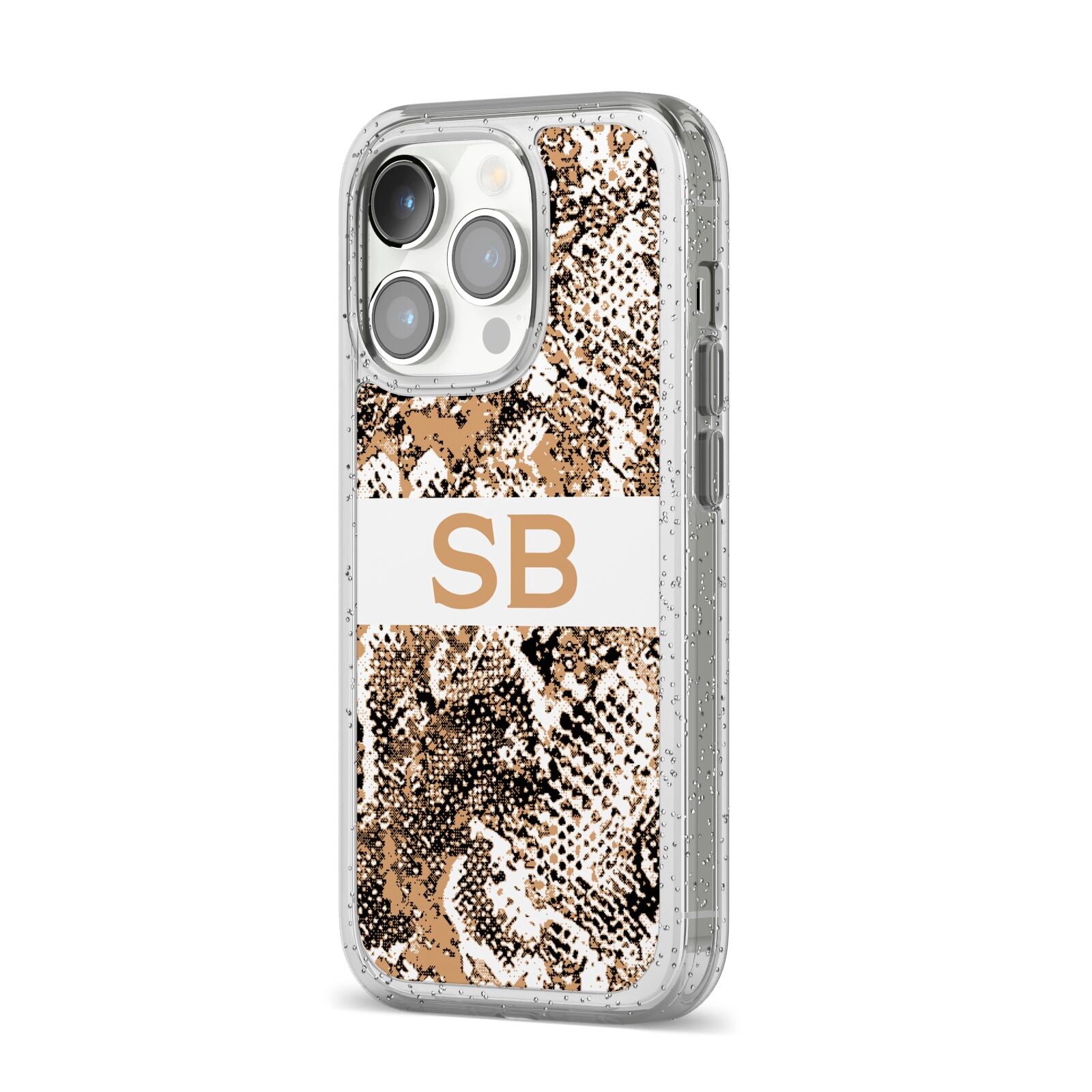 Custom Tan Snakeskin iPhone 14 Pro Glitter Tough Case Silver Angled Image