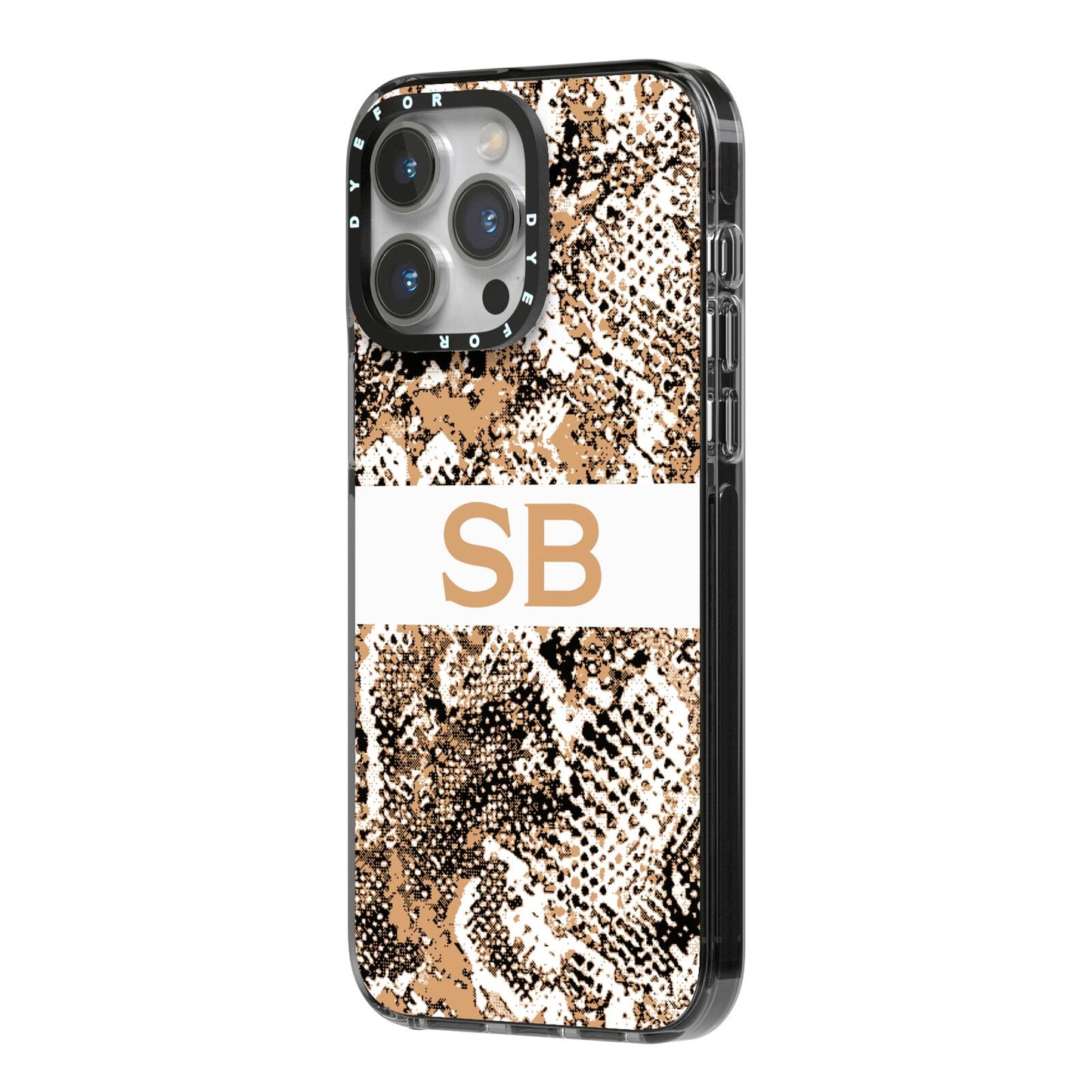 Custom Tan Snakeskin iPhone 14 Pro Max Black Impact Case Side Angle on Silver phone